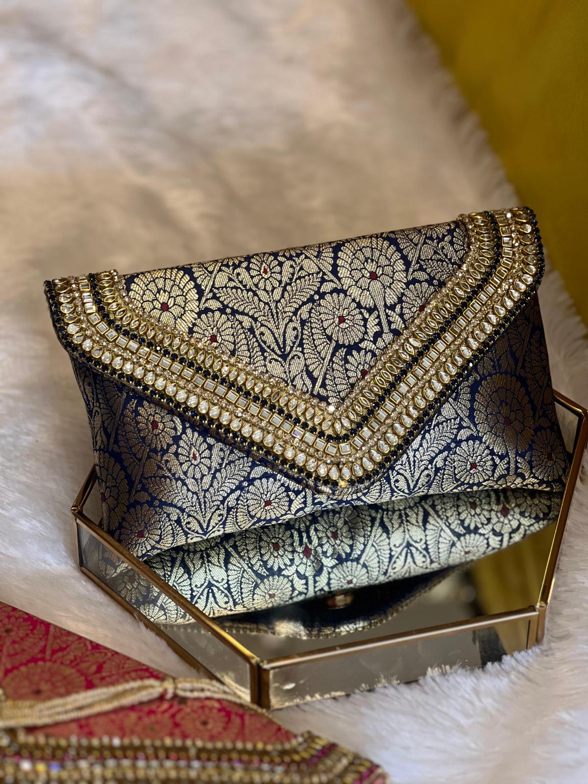 Brocade Elegant Envelope-style Clutch with Stone on Edges
