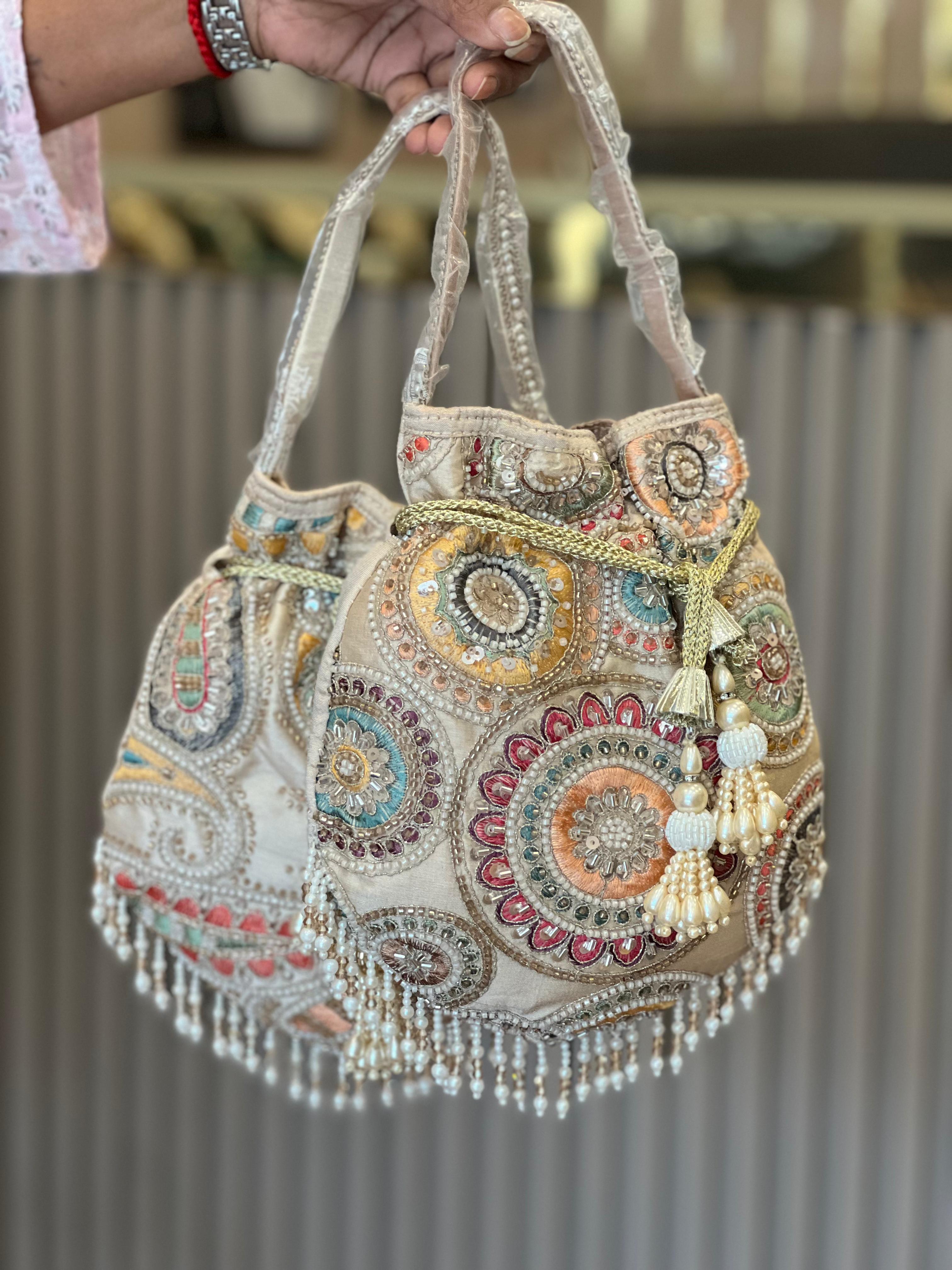 Multicolor Thread-work Embroidered Silk Potli Bag