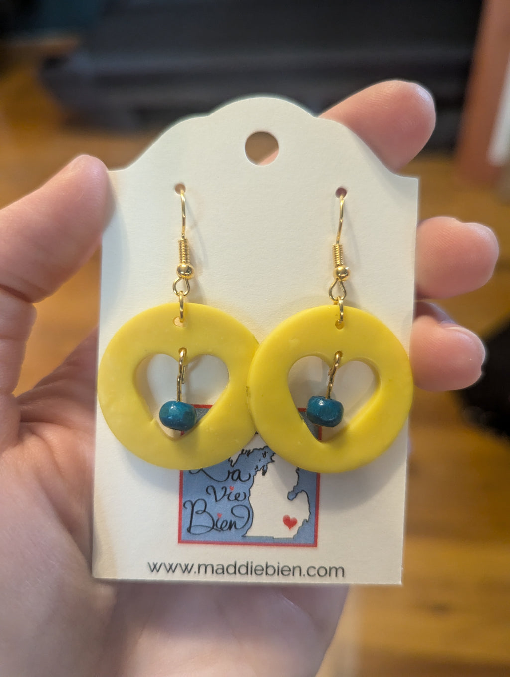 Yellow heart earrings, teal beads - nickel free