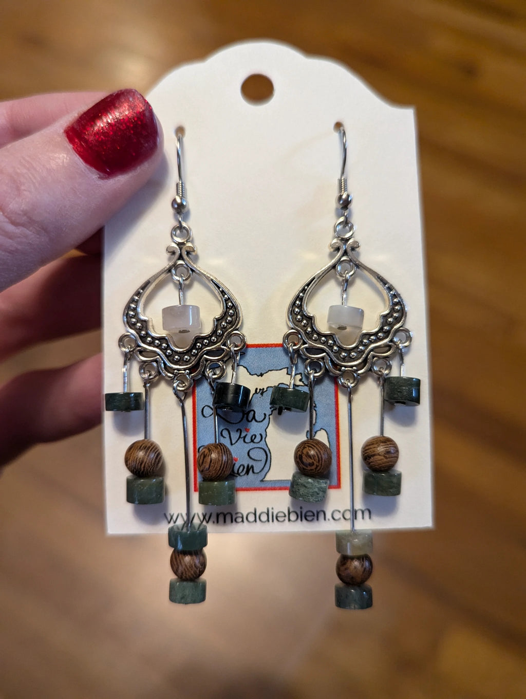 Green, Brown, White Stone bead dangle earrings, handmade in Michigan USA. For pierced ears. Bohemian, elegant, dressy, La Vie Bien by My Store