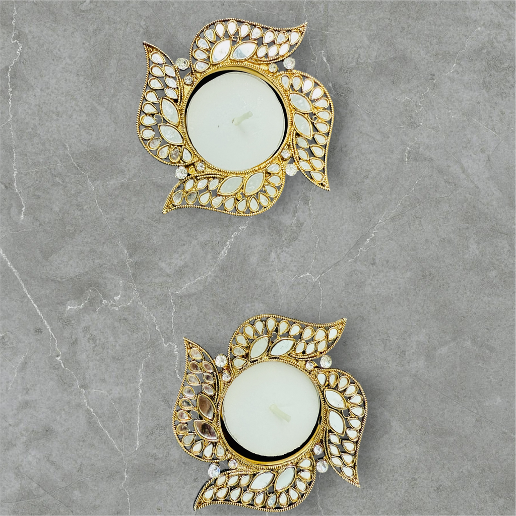 Swastik Shape Metal Diya with Mirror Work - Designer Diyas for Indian Celebrations - Set of 2