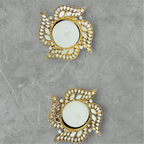 Swastik Shape Metal Diya with Mirror Work - Designer Diyas for Indian Celebrations - Set of 2
