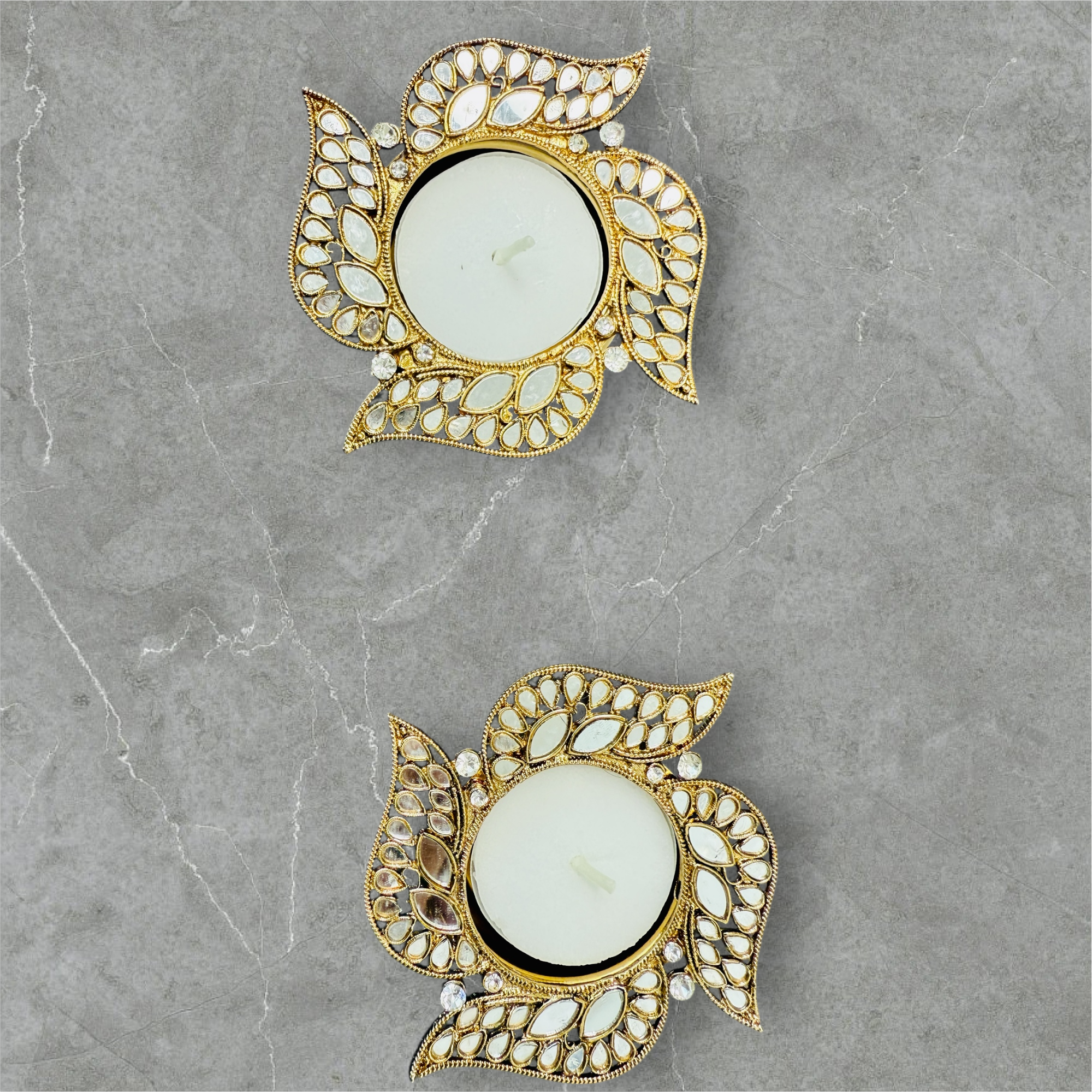 Swastik Shape Metal Diya with Mirror Work - Designer Diyas for Indian Celebrations - Set of 2