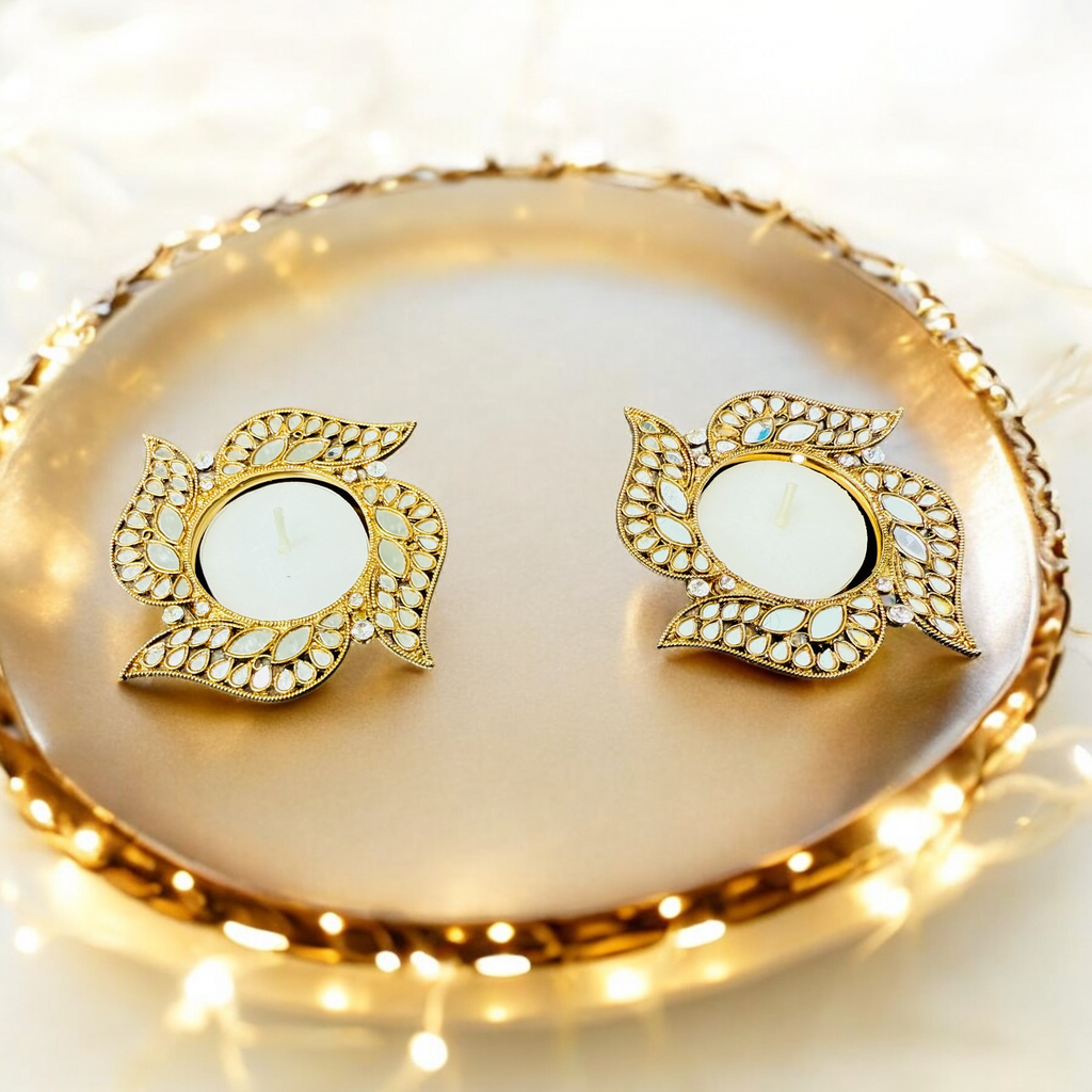 Swastik Shape Metal Diya with Mirror Work - Designer Diyas for Indian Celebrations - Set of 2