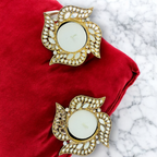 Swastik Shape Metal Diya with Mirror Work - Designer Diyas for Indian Celebrations - Set of 2