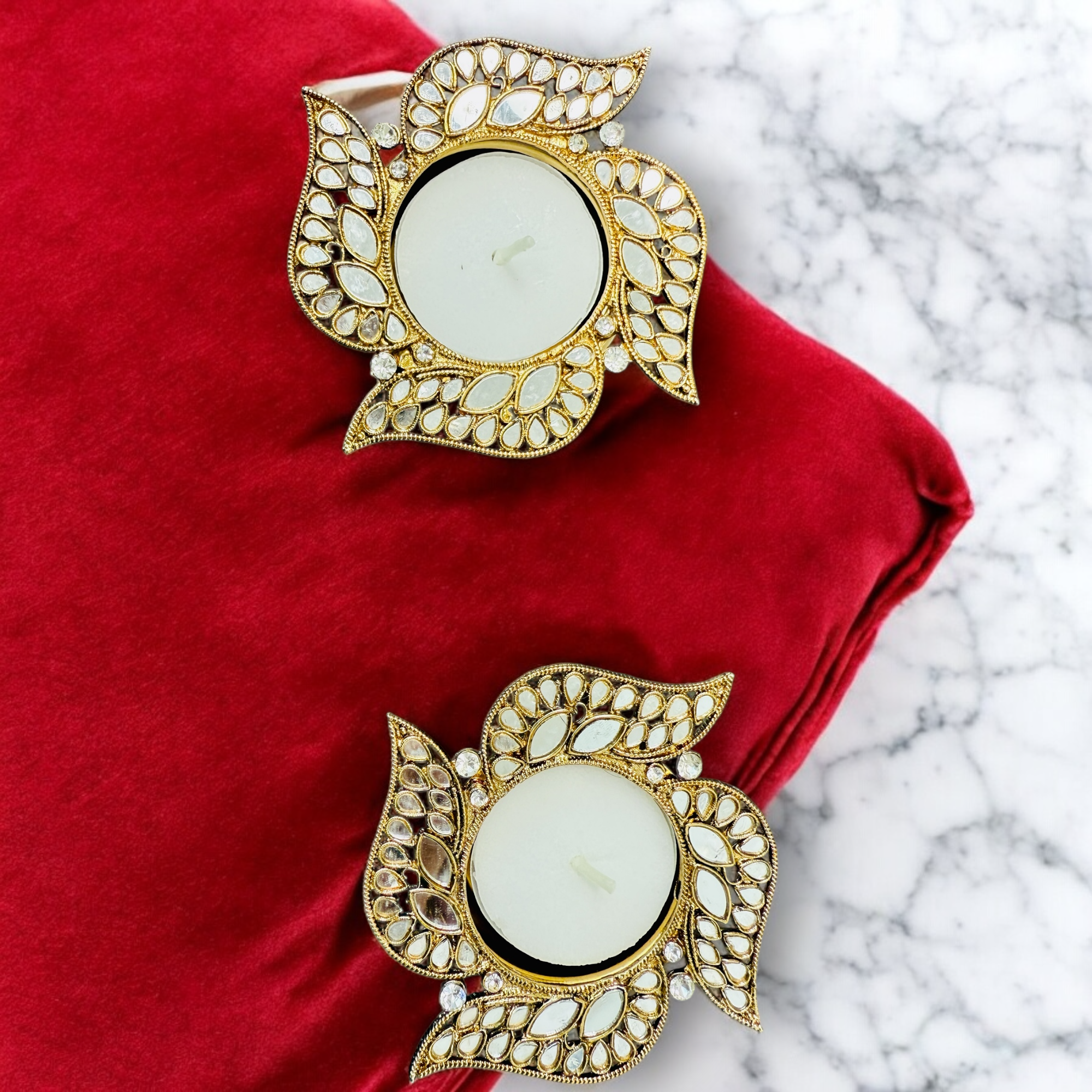 Swastik Shape Metal Diya with Mirror Work - Designer Diyas for Indian Celebrations - Set of 2