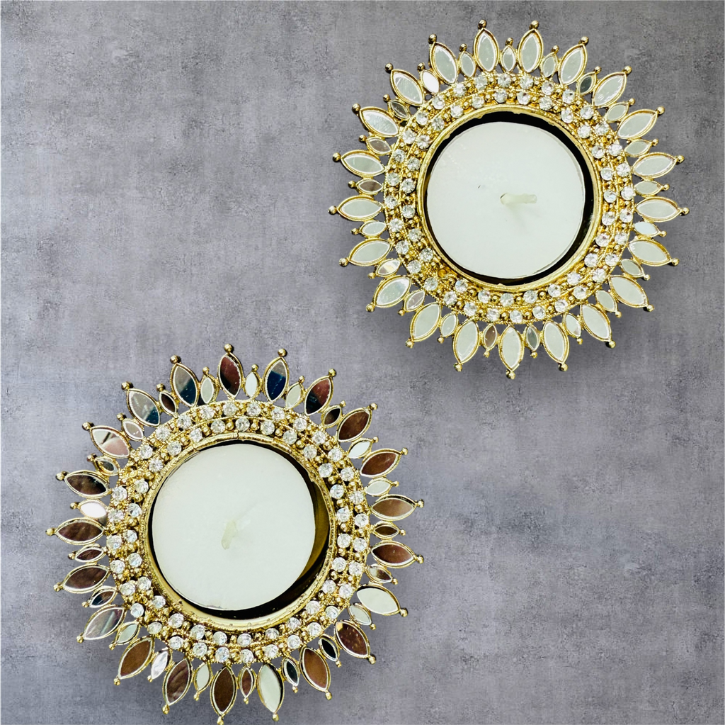 Mirror Metal Diya / T-Light Holder  - Exquisite Flower Shaped Diya - Diwali or Indian Celebration Return Gift -Set of 2