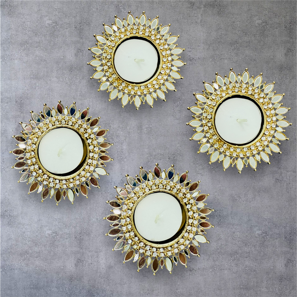 Mirror Metal Diya / T-Light Holder  - Exquisite Flower Shaped Diya - Diwali or Indian Celebration Return Gift -Set of 2