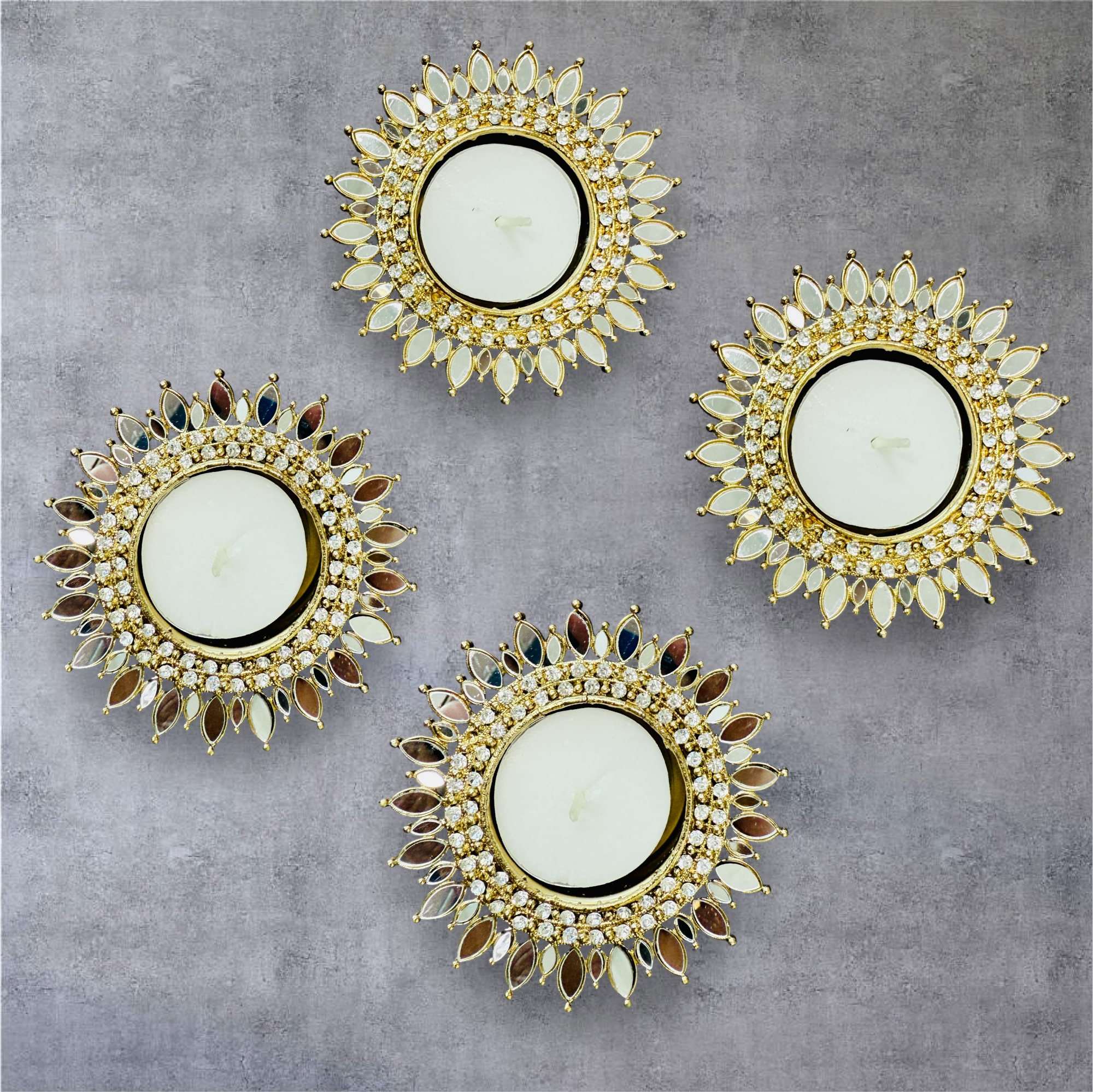 Mirror Metal Diya / T-Light Holder  - Exquisite Flower Shaped Diya - Diwali or Indian Celebration Return Gift -Set of 2
