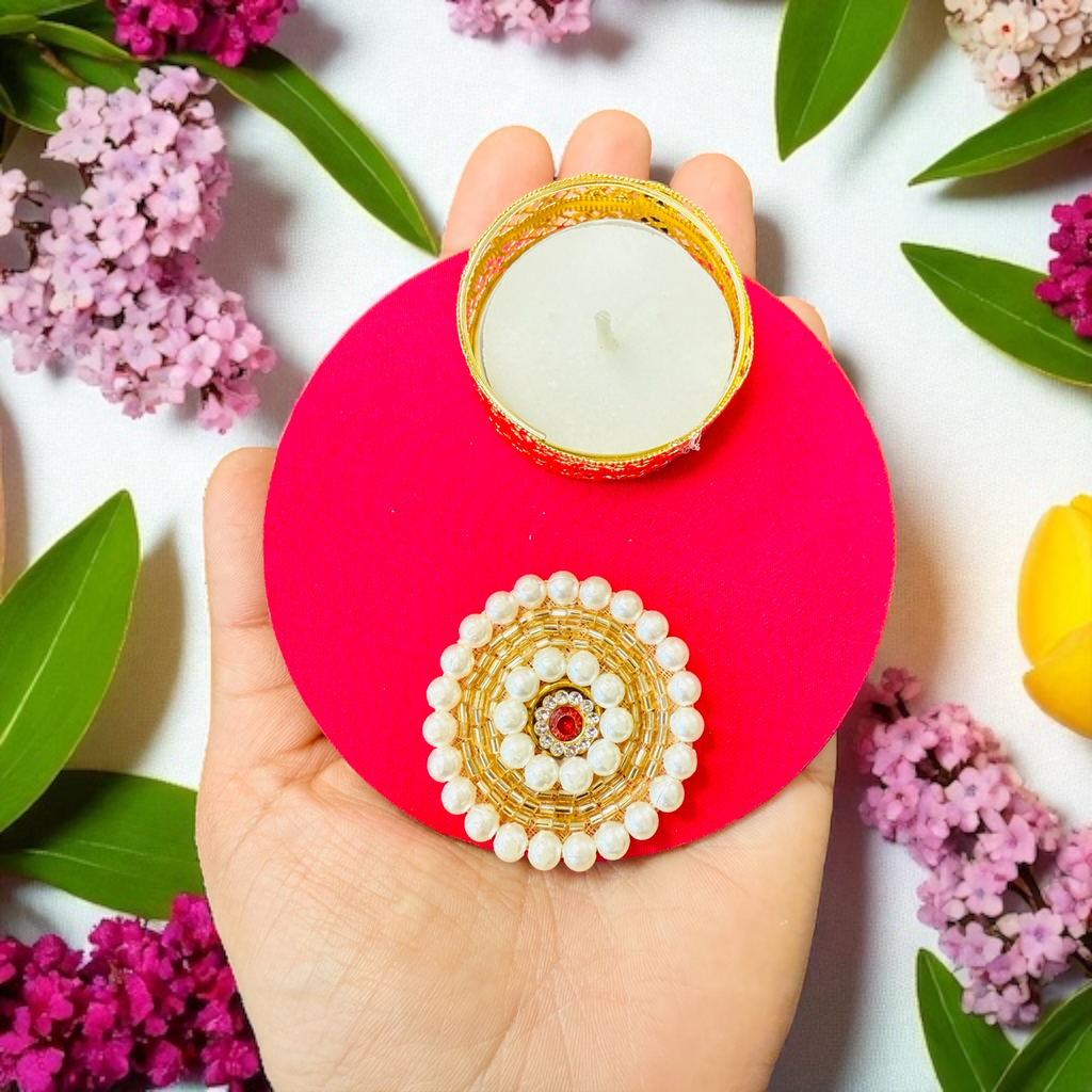 Set of 2 Round Diyas with Pearl Butti in Potli Bag