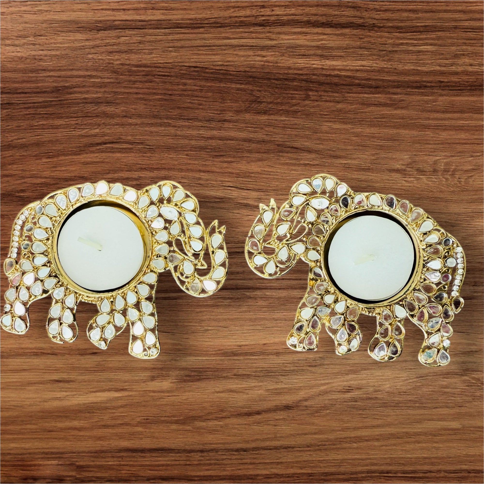 Set of 2 Elephant Shaped Metal T-Light Holder with Mirror Work