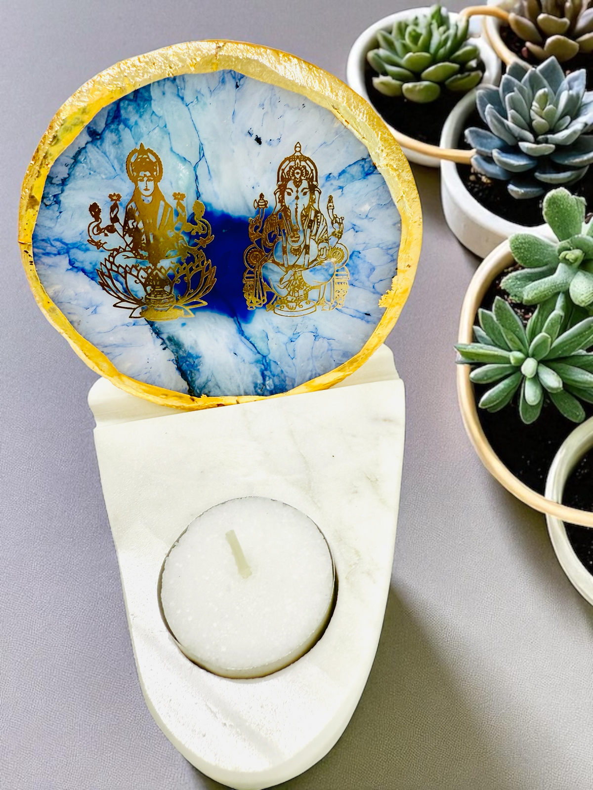 Ganesh & Laxmi Ji Agate with Marble T Light Holder - Ganpati Gift/ Ganesha Puja Gift/Diwali Gift