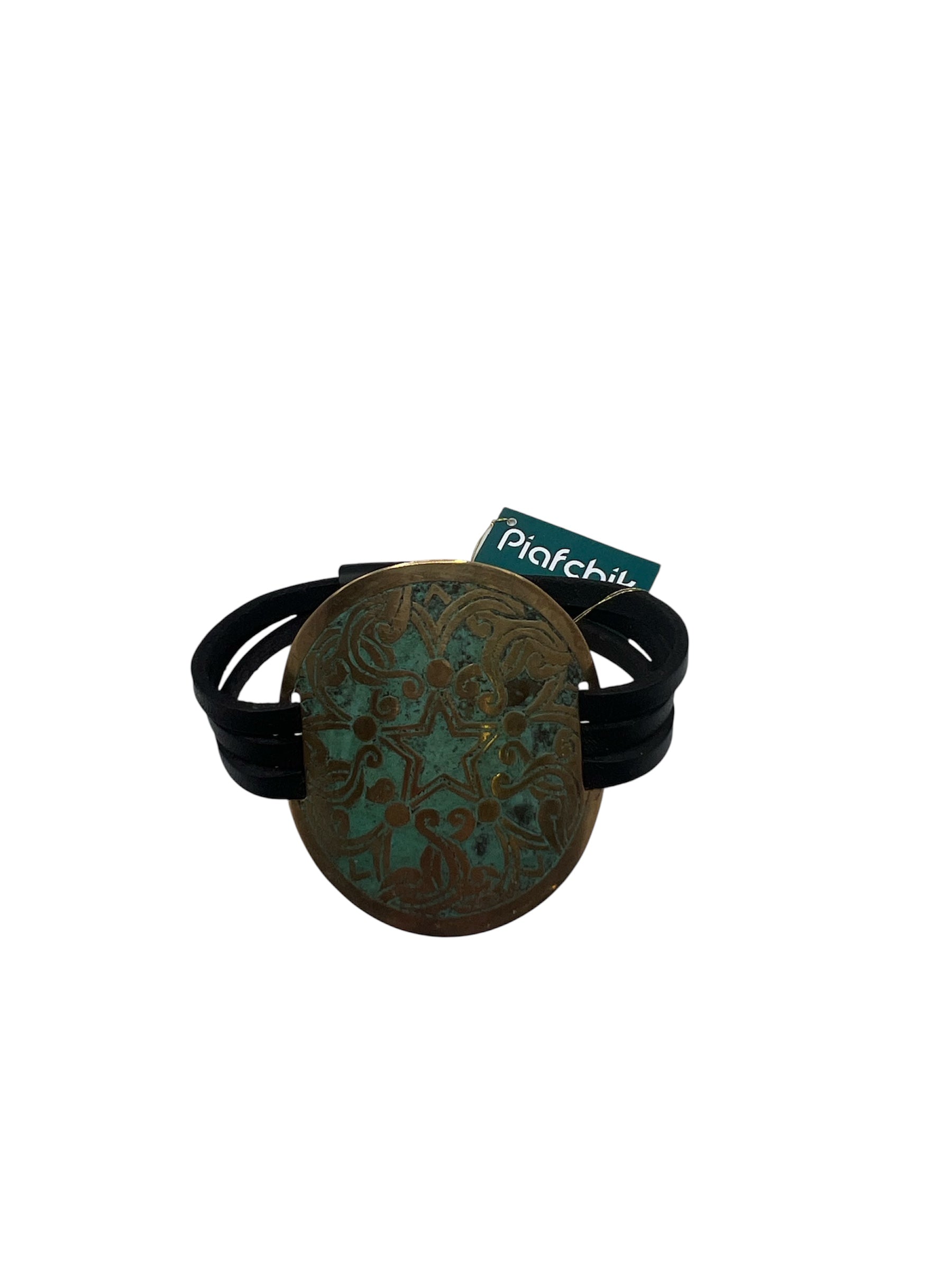 Brass & Leather Bracelet with Ornamental Etching