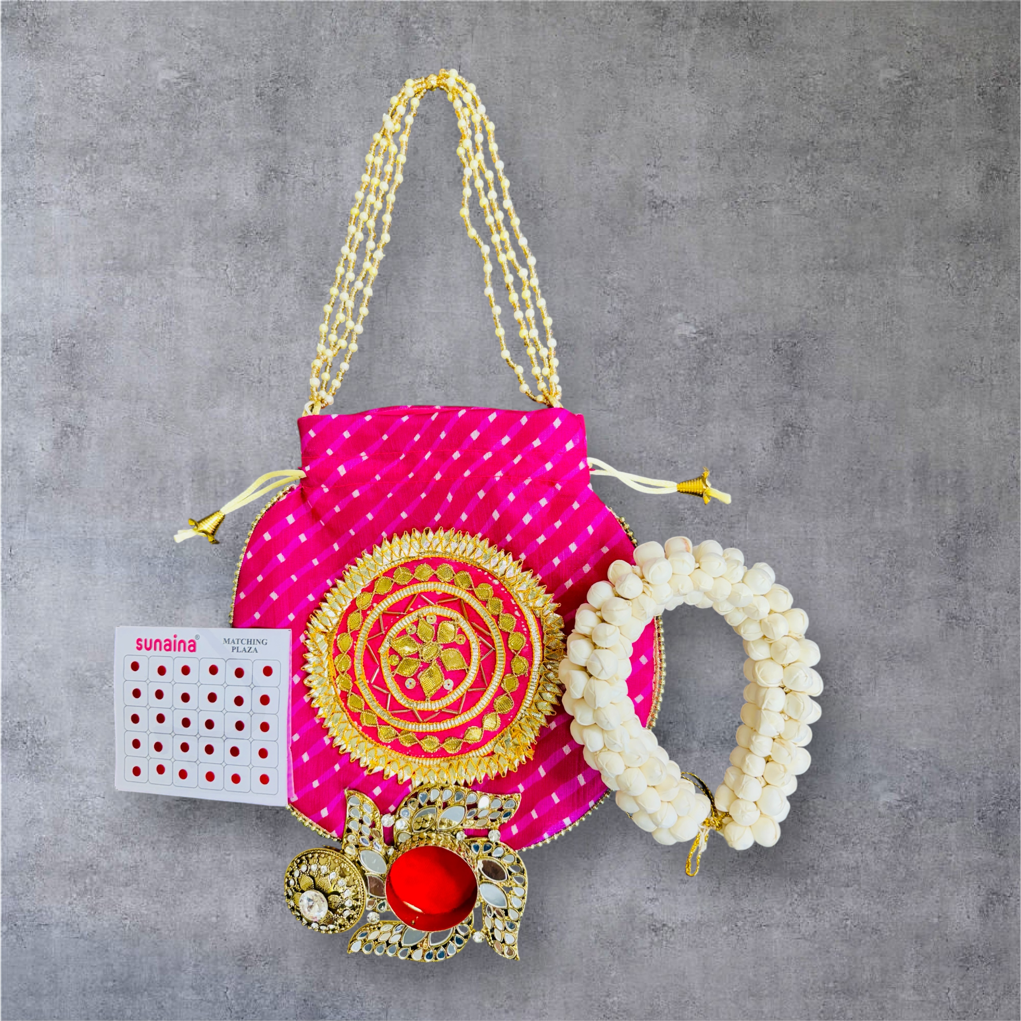 Karwachauth Gift Combo - Reusable Gajra, Sindoor Dibbi, Bindi & Gota Potli