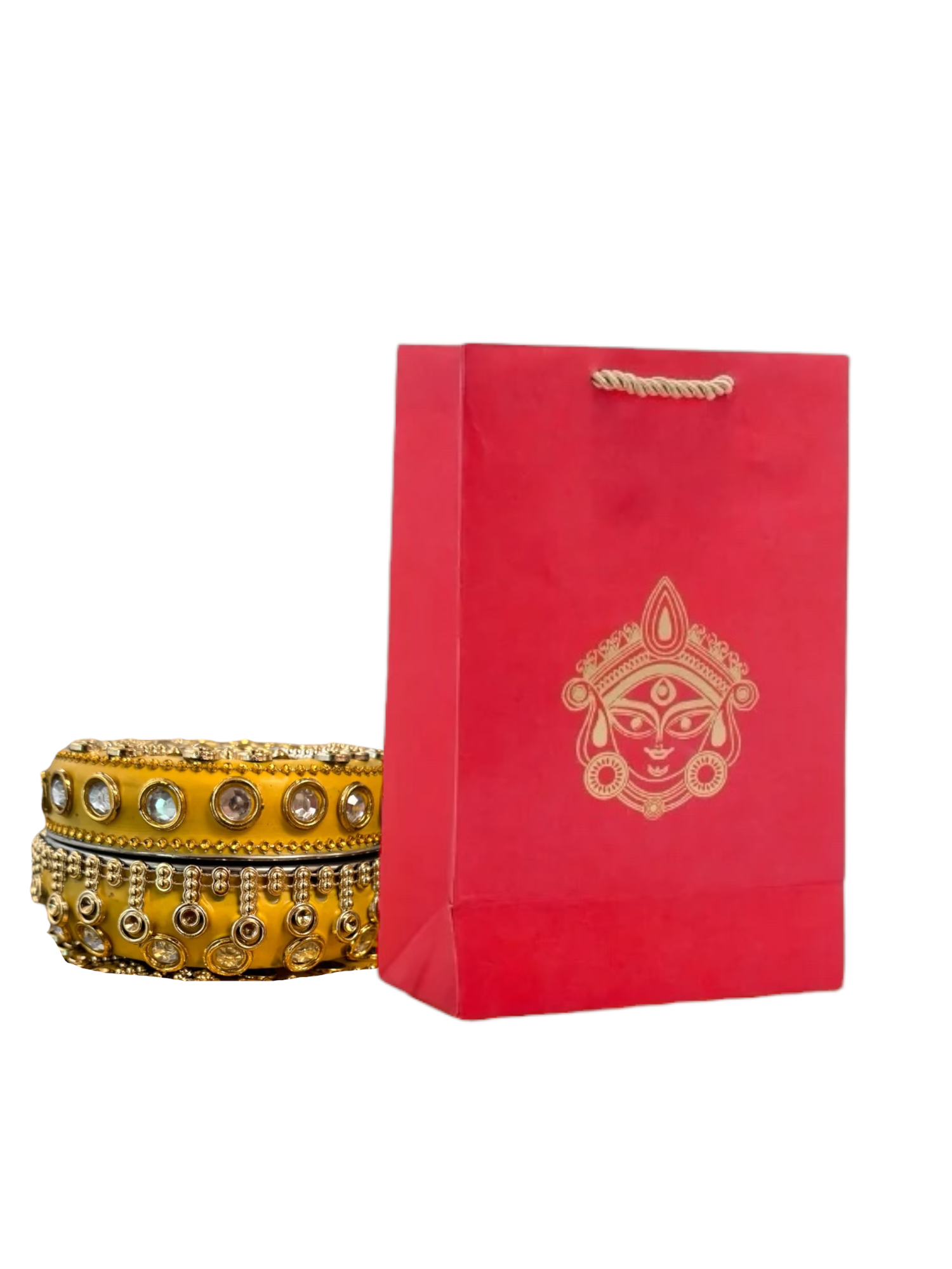 Ready to give Combo includes Stone Studded Stainless Steel Matki Box with Durga Gift Bag for Golu, Karwa Chauth, Navratri, Diwali Party, Indian Festivals