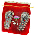 Antique Finish German Silver Laxmi Charan Paduka with Stone Work in Matching Potli