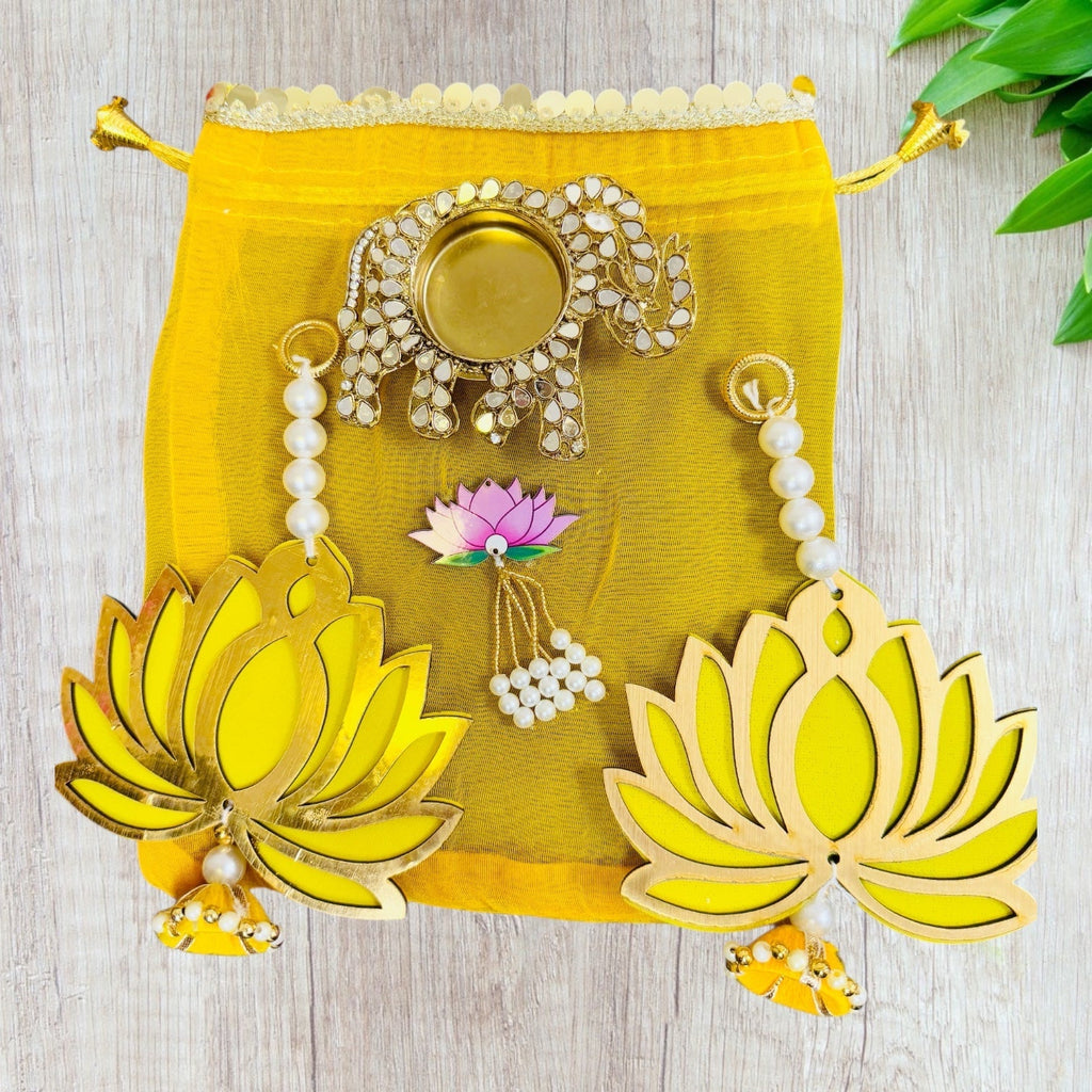 Ready to Gift Combo - Lotus Hangings & Elephant Diya in Organza Potli