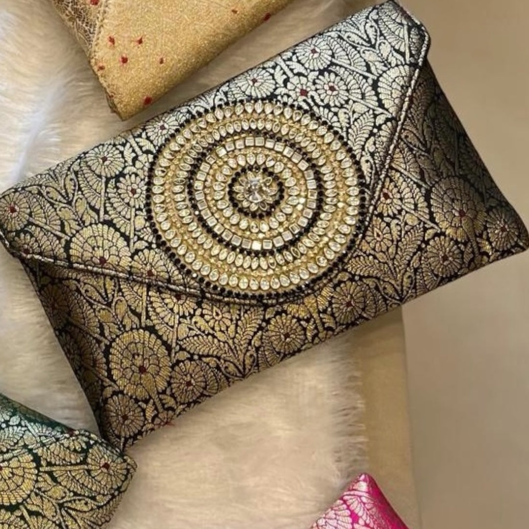 Rich Brocade Zari Clutch with Circular Motif With Stone