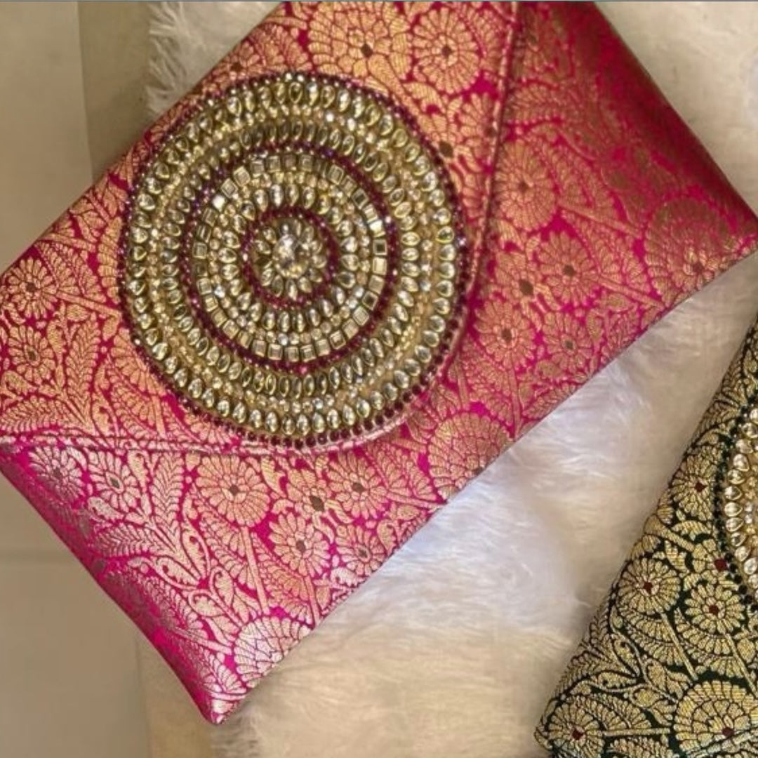 Rich Brocade Zari Clutch with Circular Motif With Stone