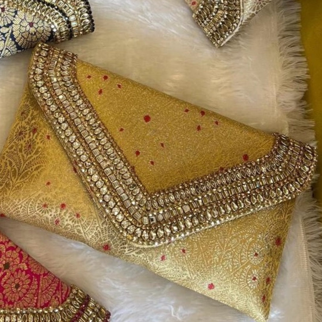 Brocade Elegant Envelope-style Clutch with Stone on Edges