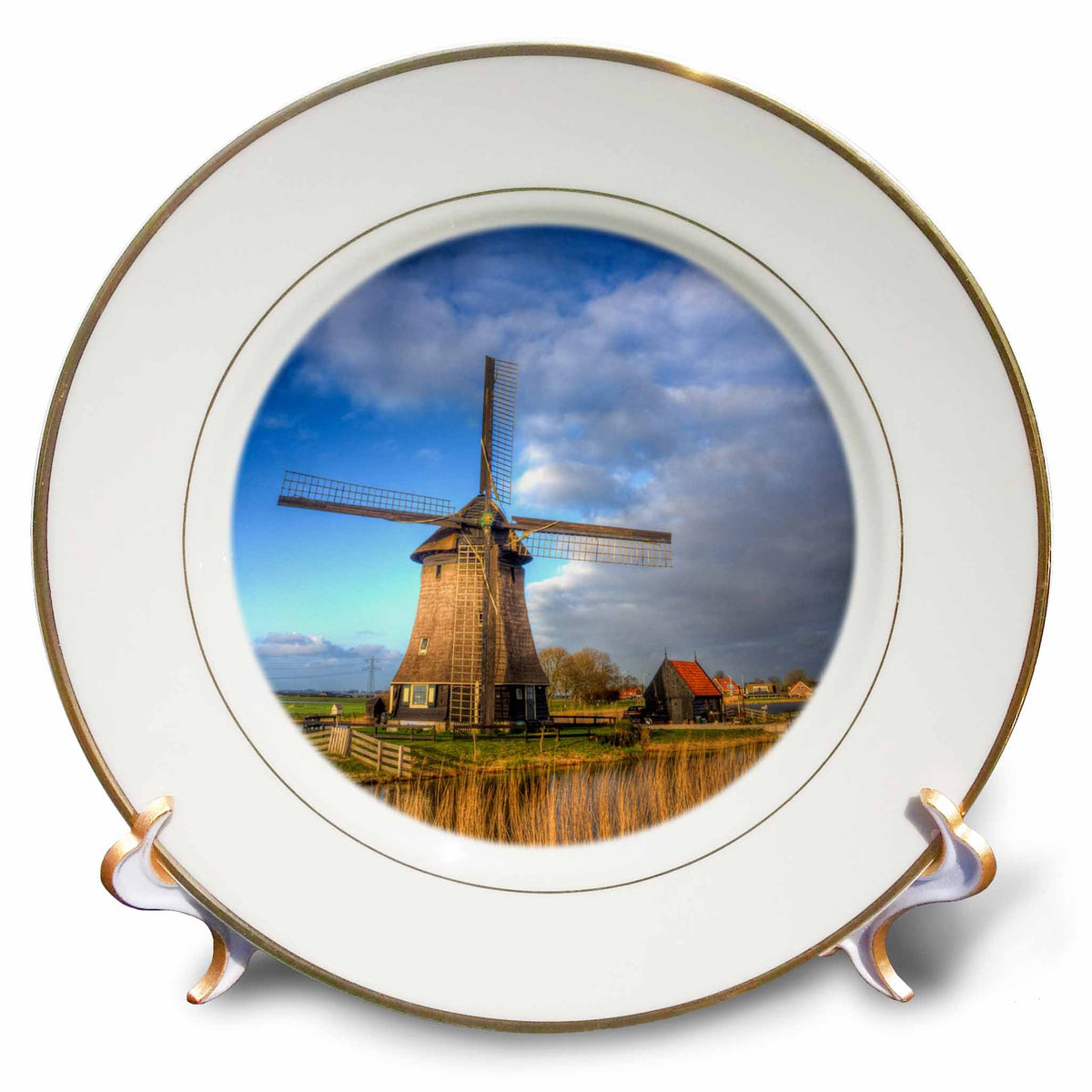 3dRose Danita Delimont - Windmills - Netherlands, Nord Holland, Landscape of a Windmill Along a Canal - Plates