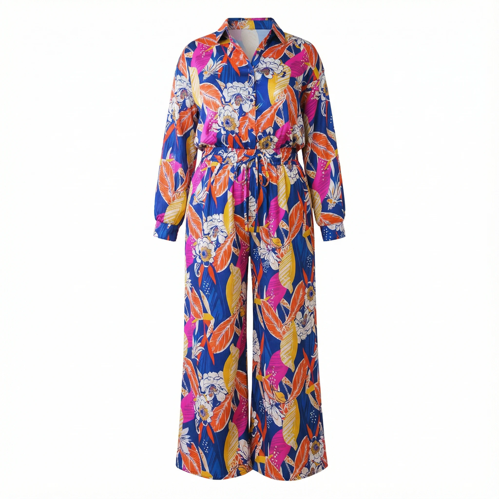 Plus Size Printed Woven Jumpsuit in Blue with Flowers And Leaf Designs | Long Sleeve Romper [Sizes 1X-3X] by The Bullish Store