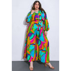 Plus Size Watercolor Printed Woven Jumpsuit | Green Pink Long Sleeve Overall Romper [Sizes 1X-3X]