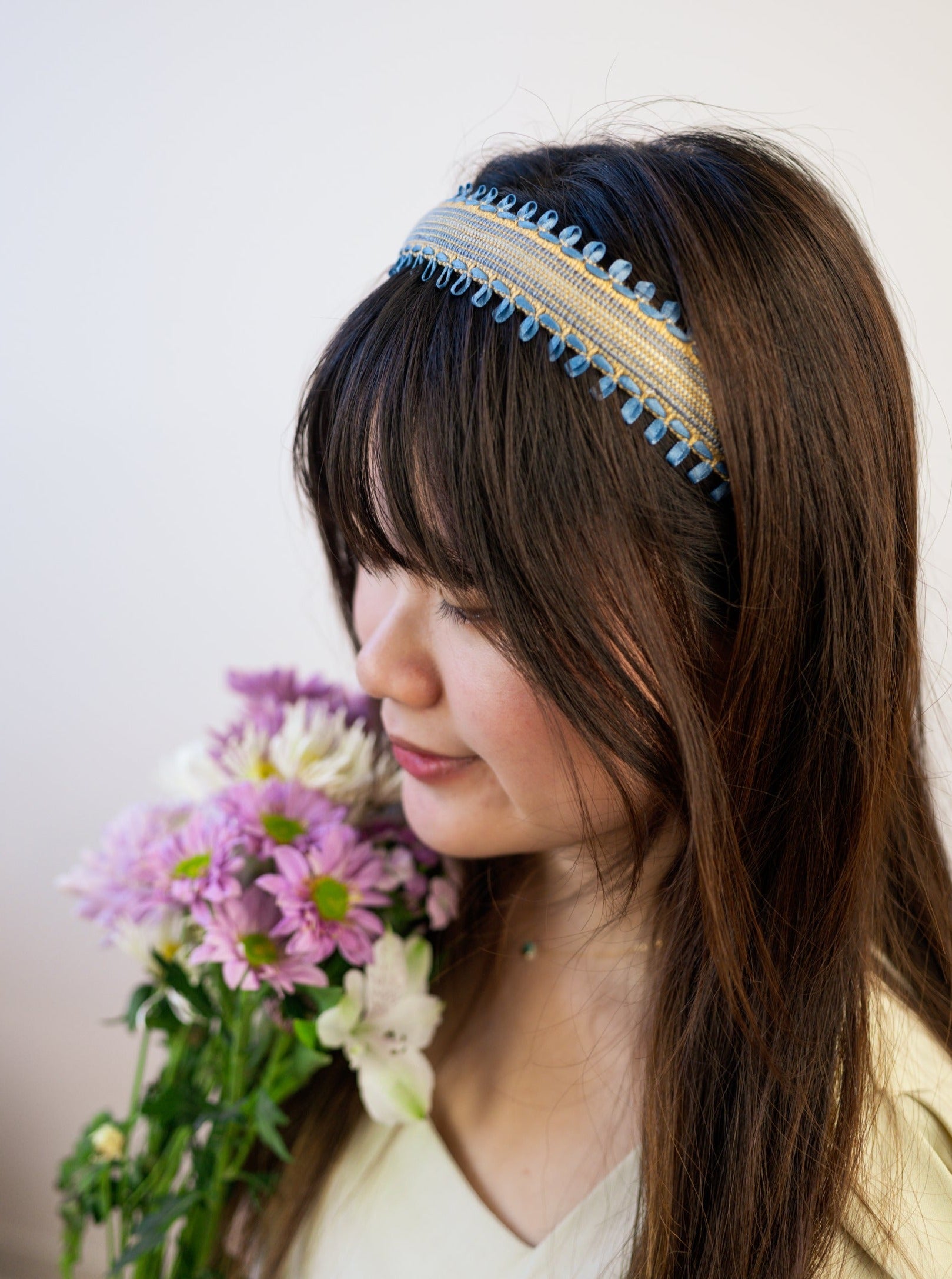 Felicity Blue and Tan Woven Headband with Ribbon Embroidery