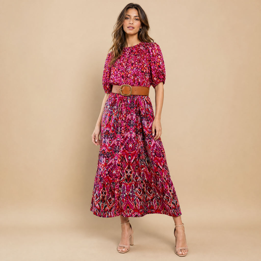 Printed Ruffle Hem Short Sleeve Midi Dress in Red [Size SM-L]