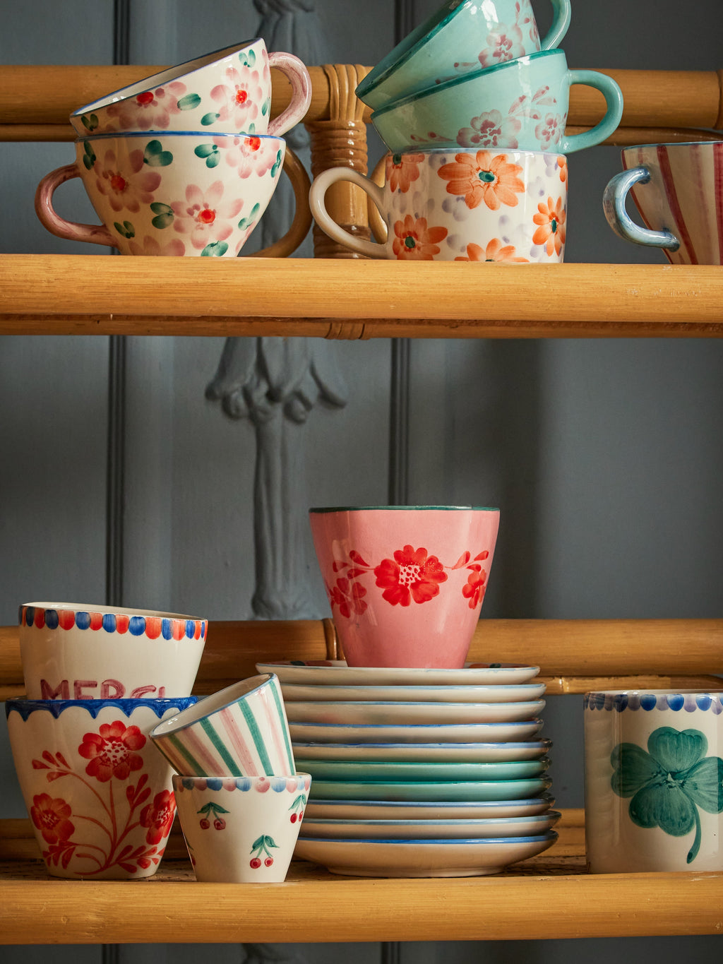 Ceramic Oval Espresso Cup with Hand Painted Orange Flowers - 2.4 oz