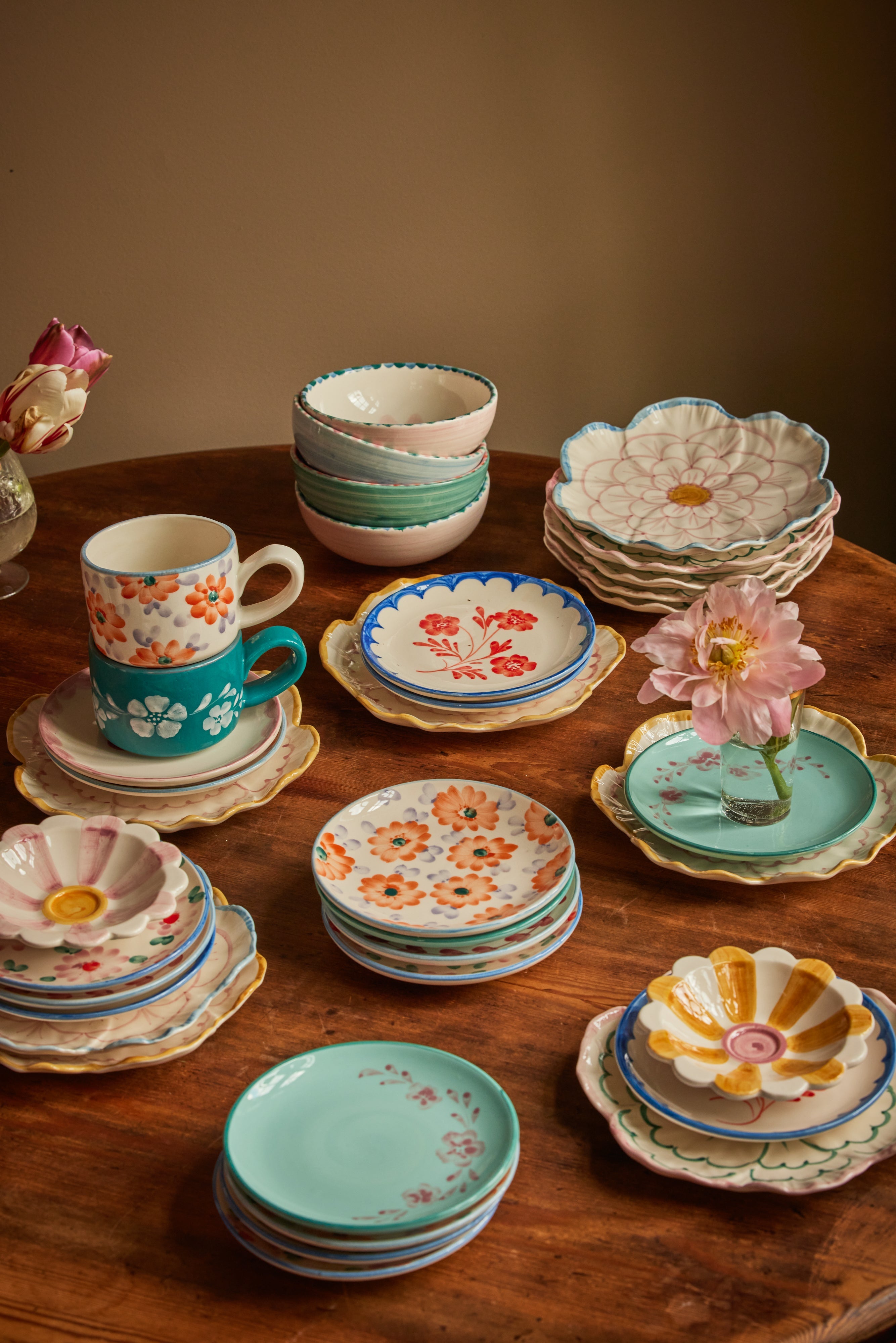 Ceramic Cappuccino Cup with Hand Painted White Flowers Vine - 6.7 oz