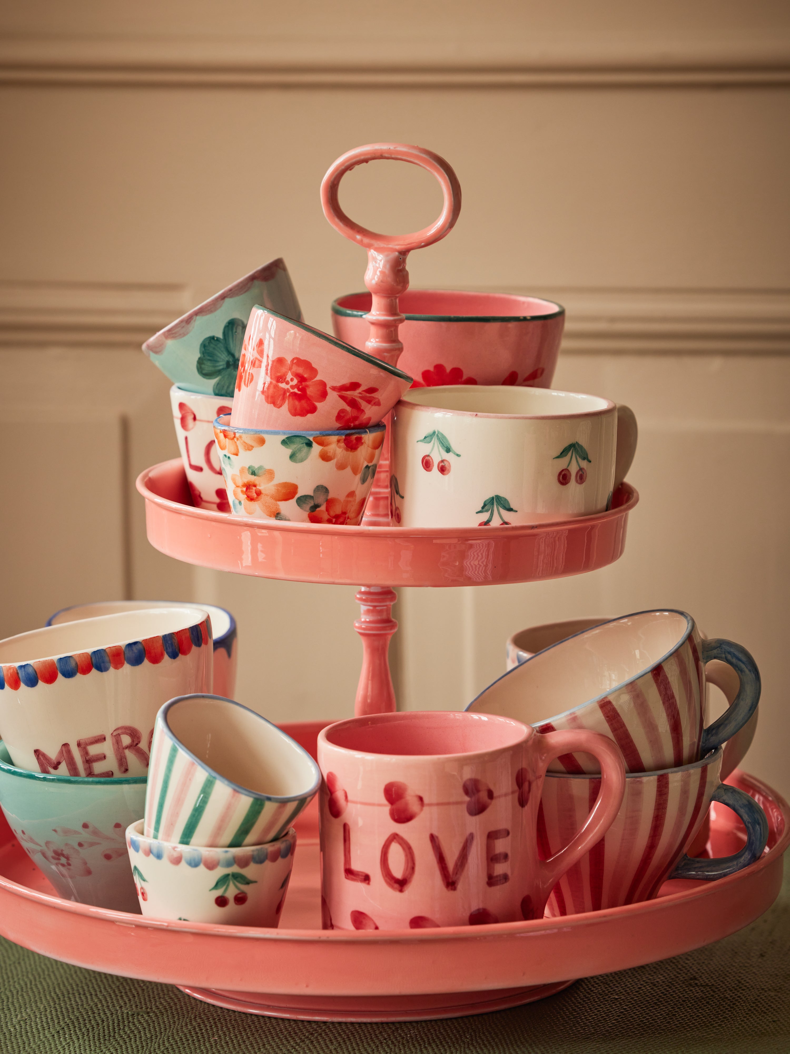 Ceramic Oval Espresso Cup with Hand Painted Cherries - 2.4 oz