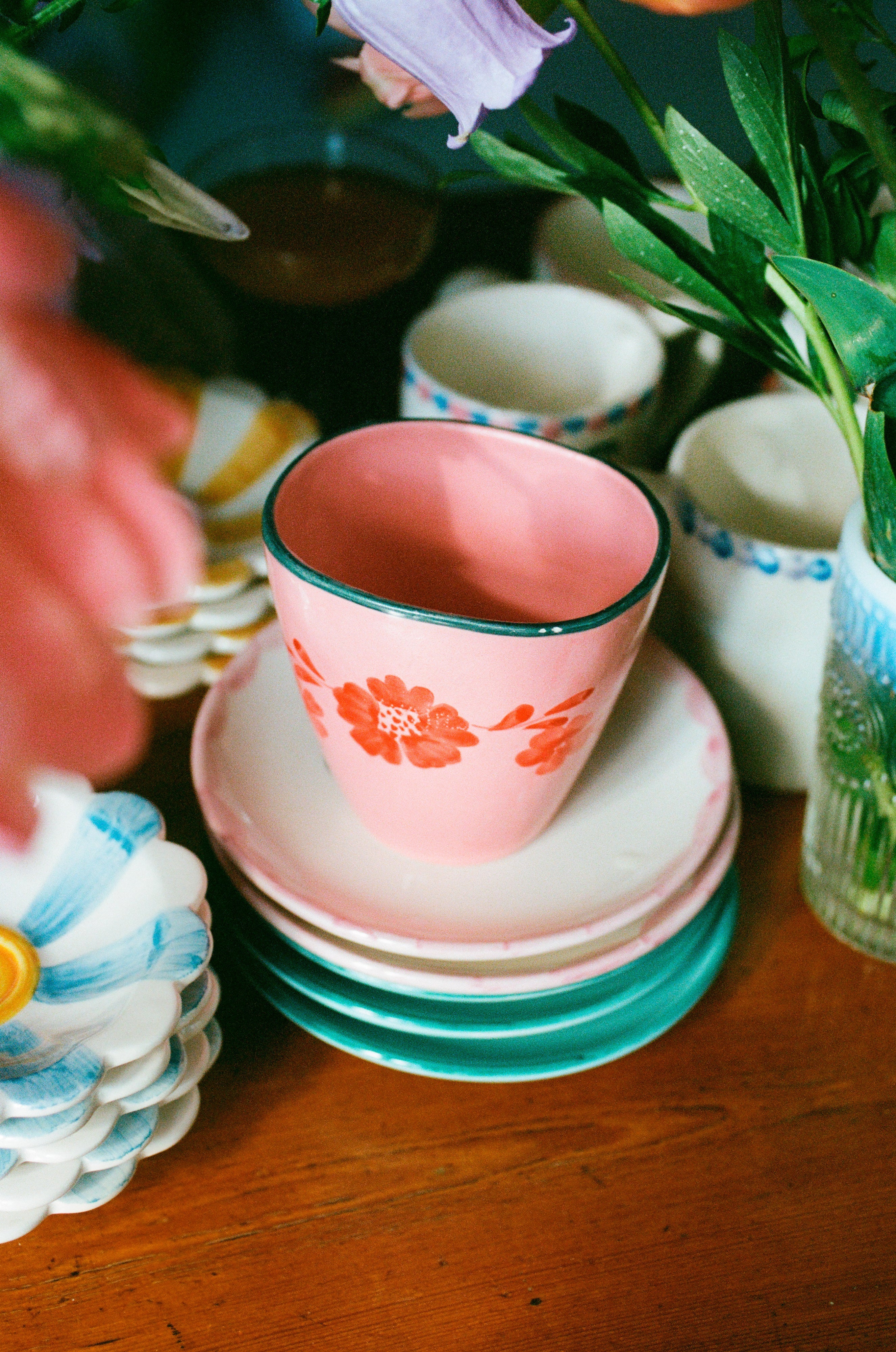 Ceramic Oval Espresso Cup with Hand Painted Orange Flower Vine - 2.4 oz