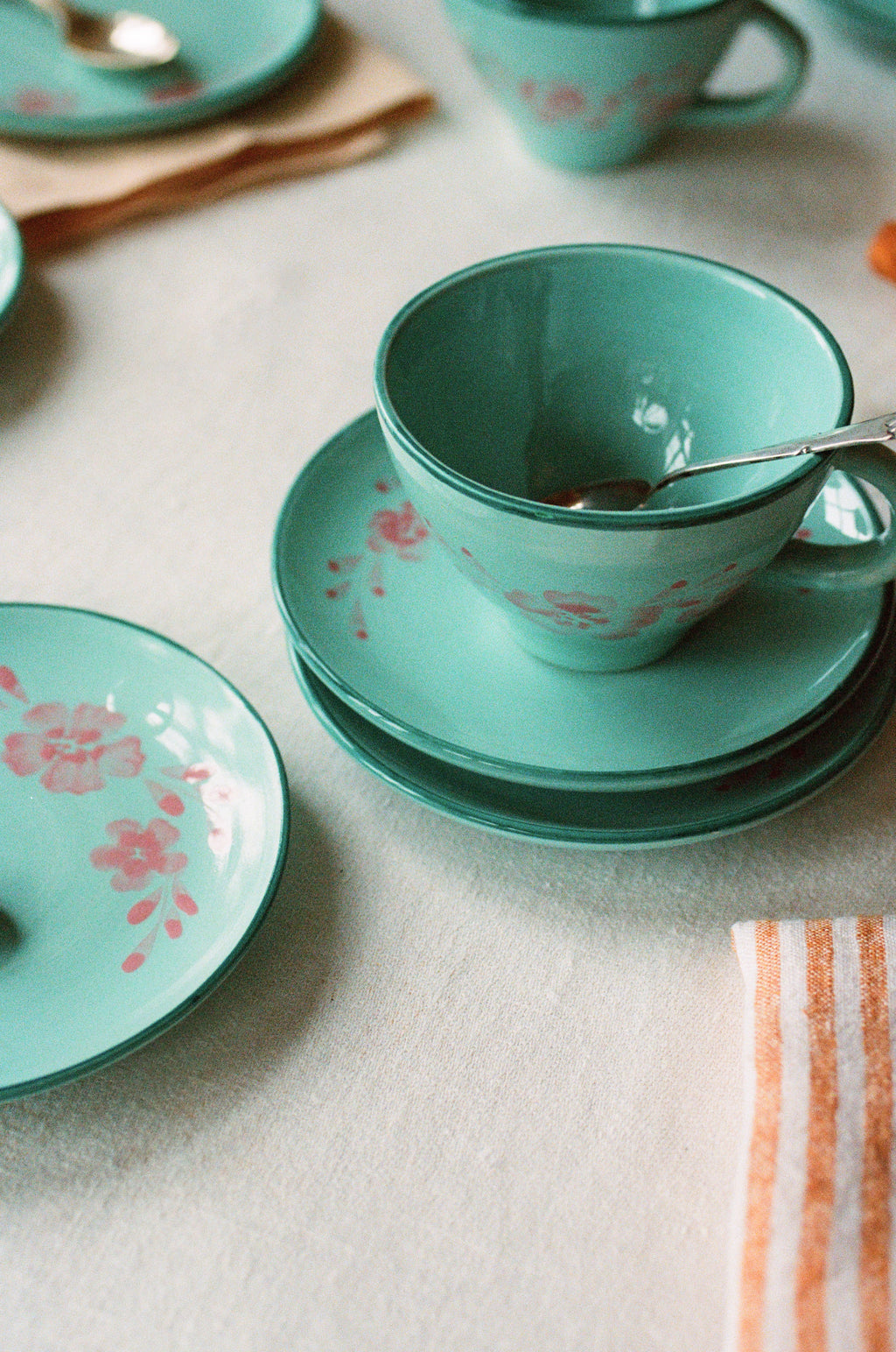 Ceramic Tea Cup with Hand Painted Soft Pink Flower Vine - 5.0 oz