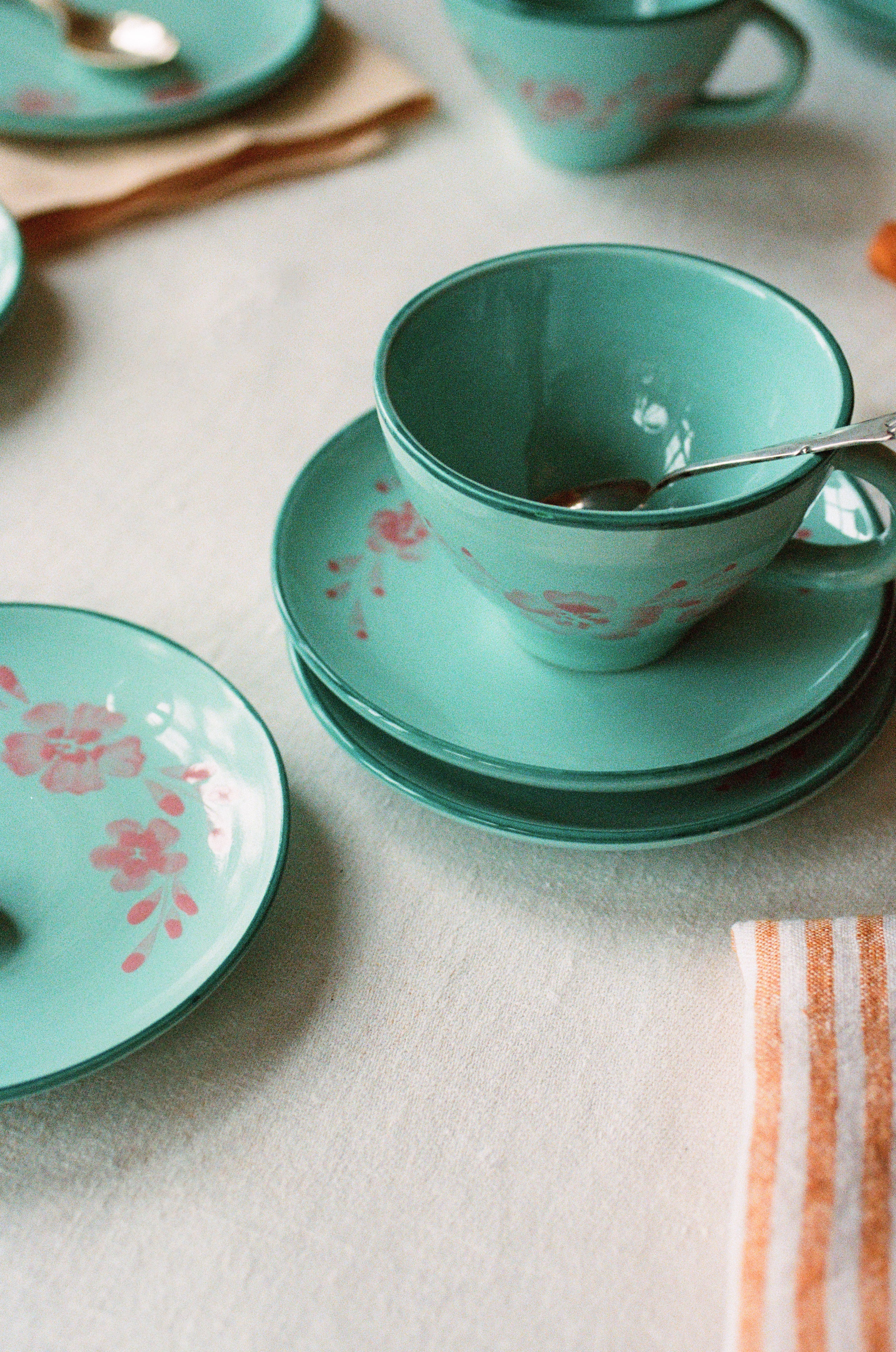 Ceramic Tea Cup with Hand Painted Soft Pink Flower Vine - 5.0 oz