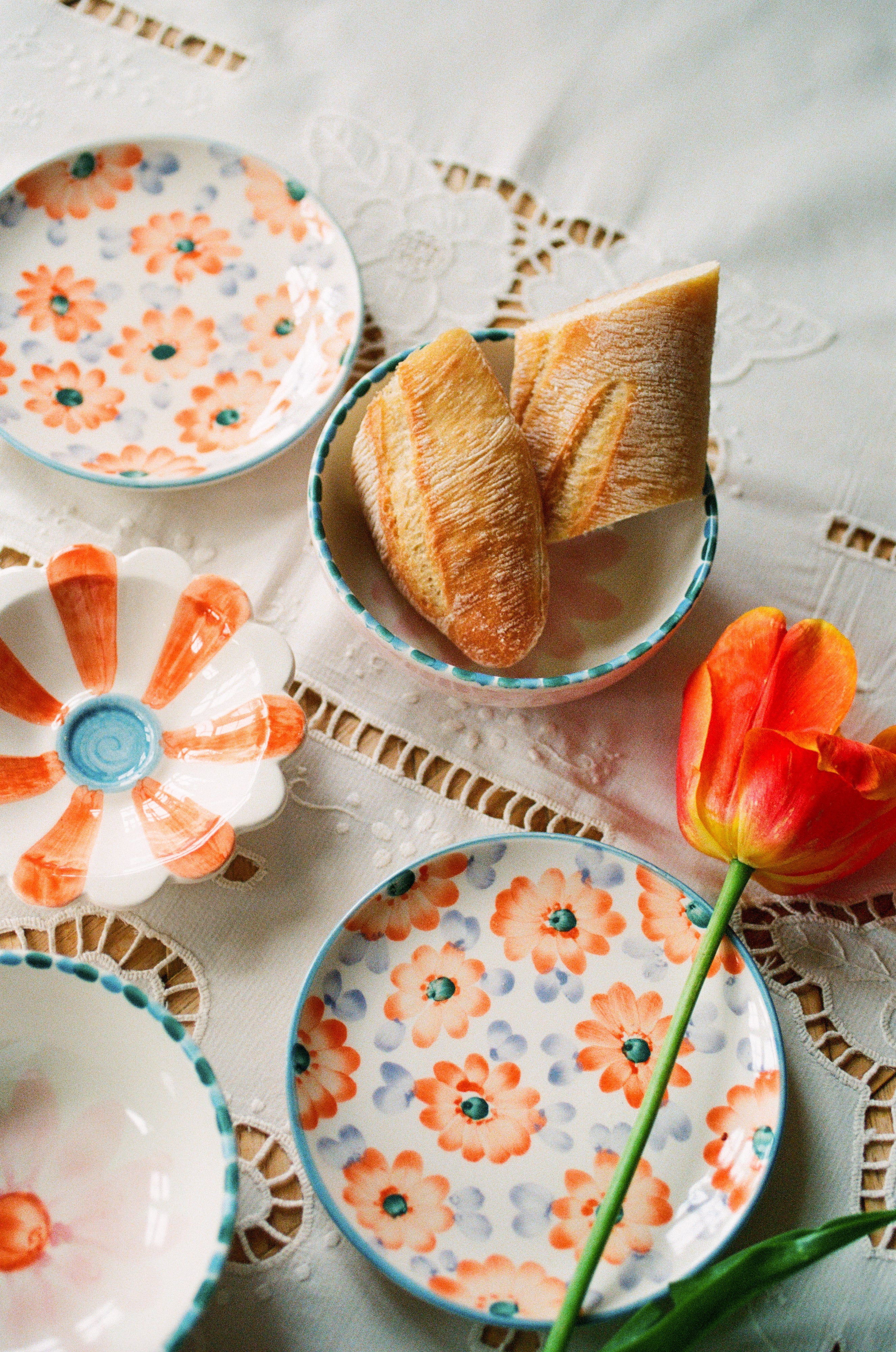 Ceramic Cake Plate with Hand Painted Orange Flowers