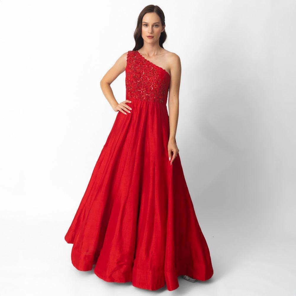 Kia Raw Silk Red One Shoulder Gown by Raas