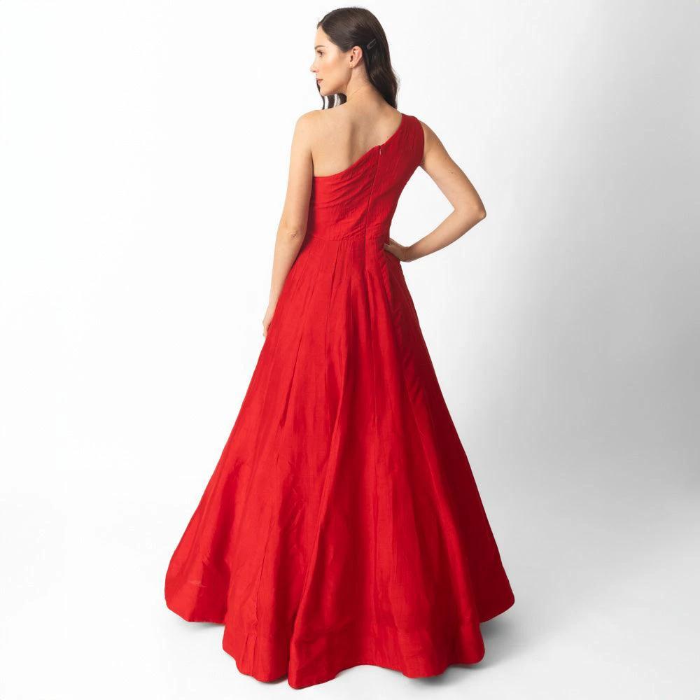 Kia Raw Silk Red One Shoulder Gown by Raas