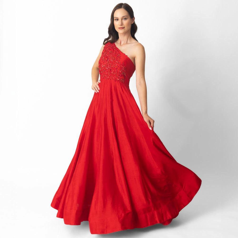 Kia Raw Silk Red One Shoulder Gown by Raas