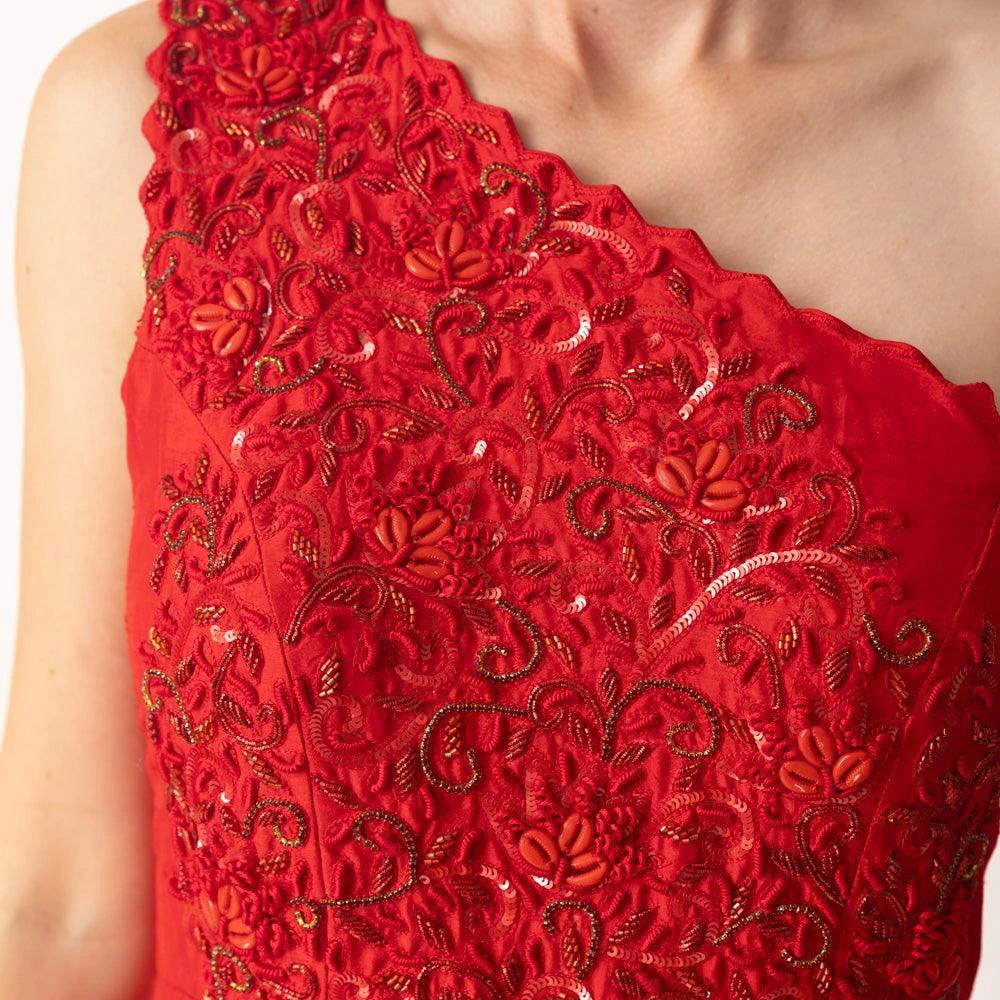Kia Raw Silk Red One Shoulder Gown by Raas