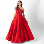 Kia Raw Silk Red One Shoulder Gown by Raas