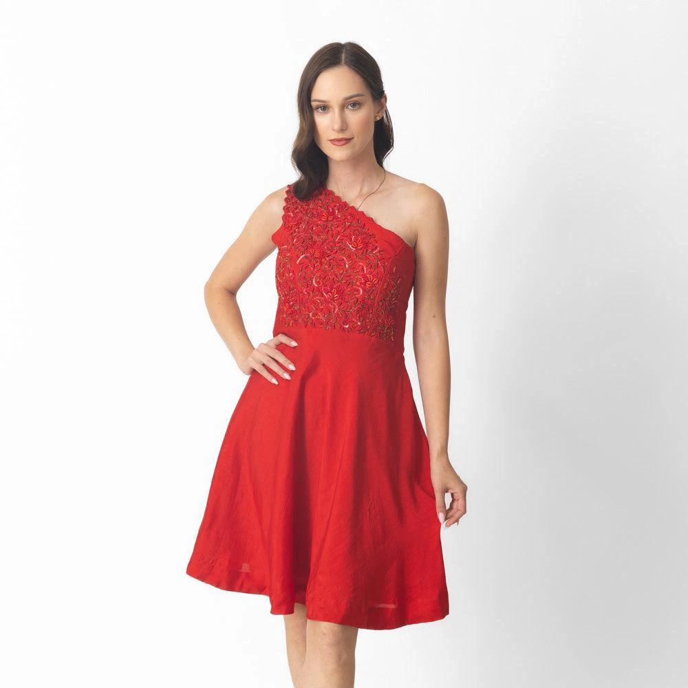 Aerin Raw Silk Red Short Dress by Raas