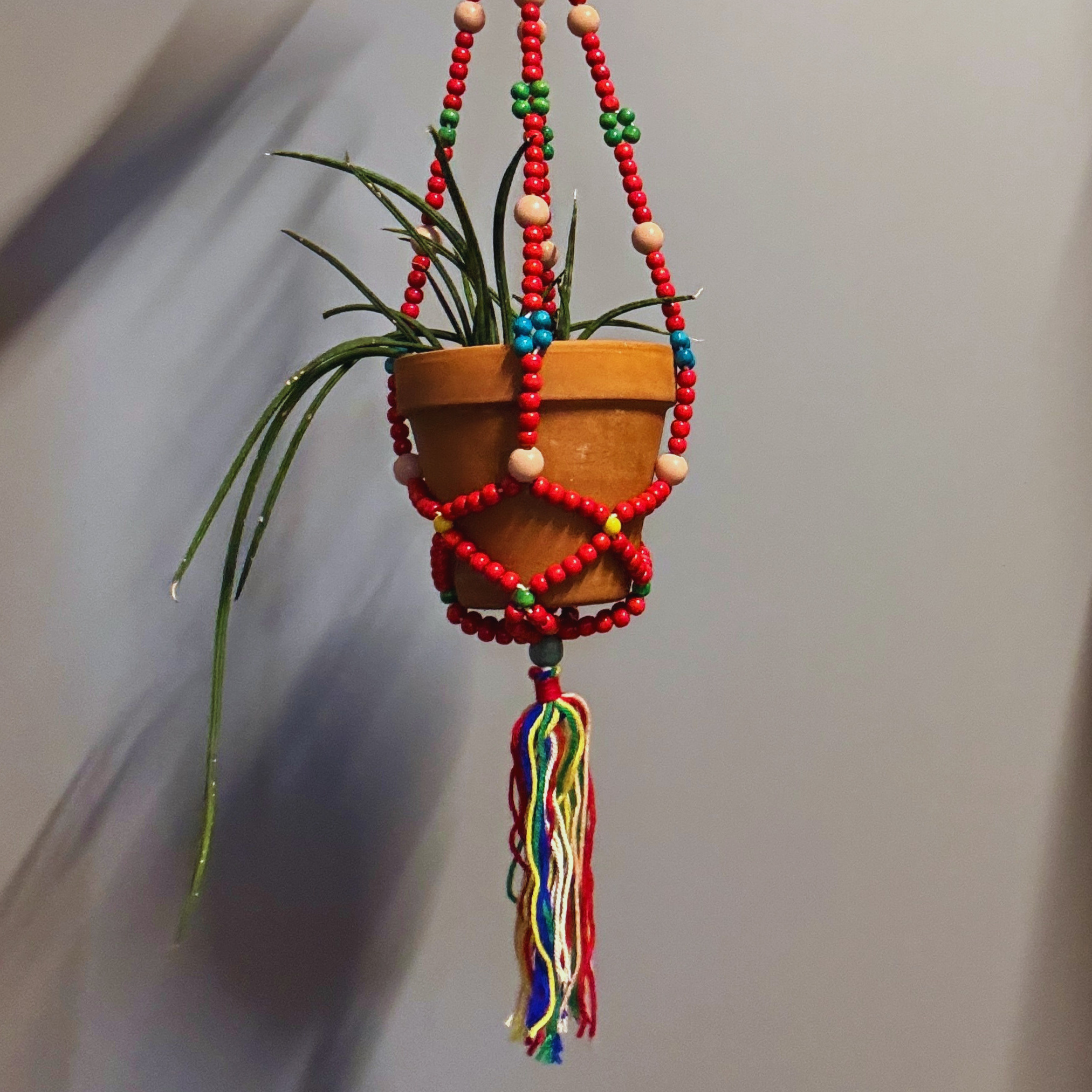 Red Macrame Plant Holder | Boho Hanging Decor Flowerpot Holder