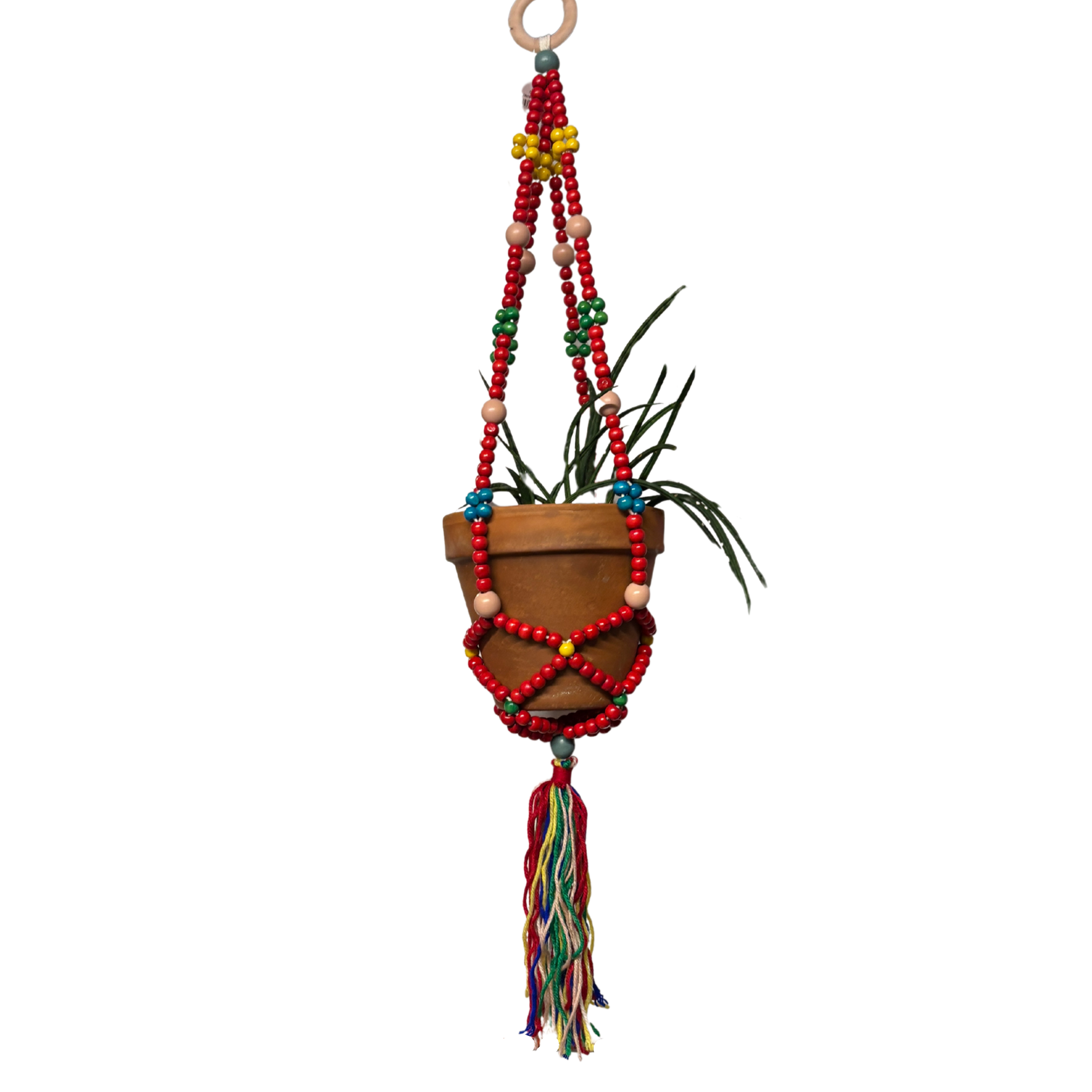 Red Macrame Plant Holder | Boho Hanging Decor Flowerpot Holder
