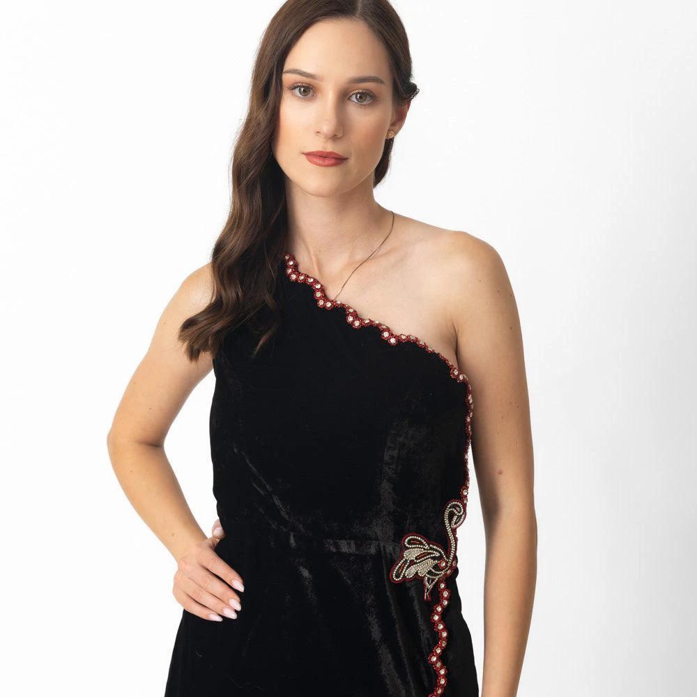 Regina Black Mini Dress with Hand Embroidery by Raas