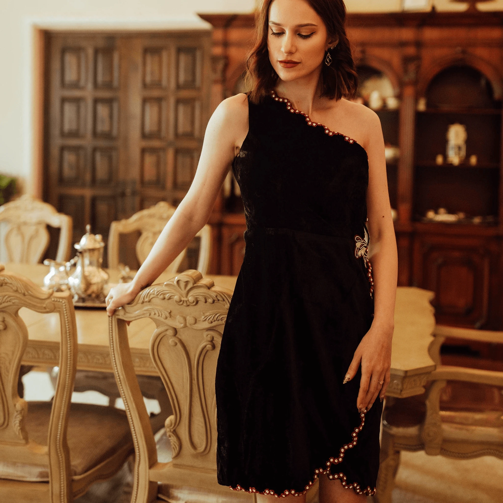 Regina Black Mini Dress with Hand Embroidery by Raas