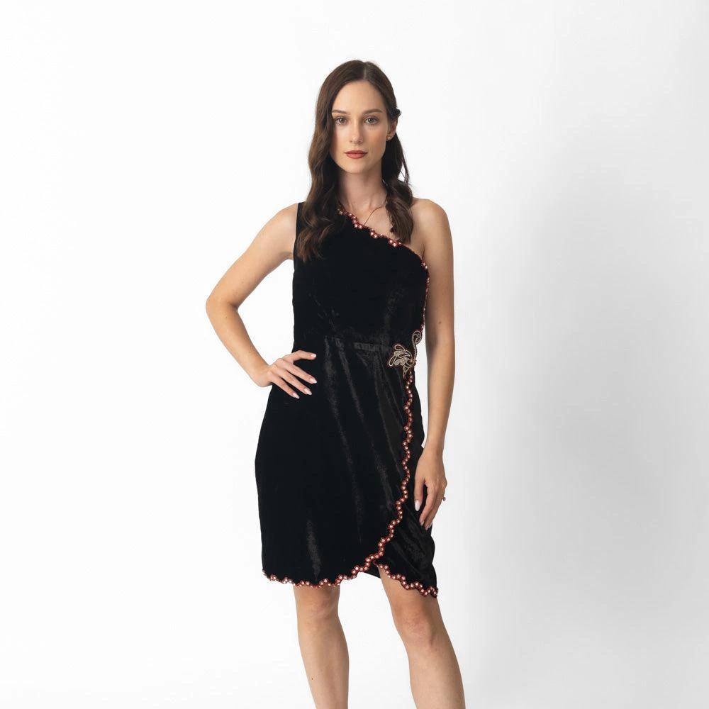 Regina Black Mini Dress with Hand Embroidery by Raas