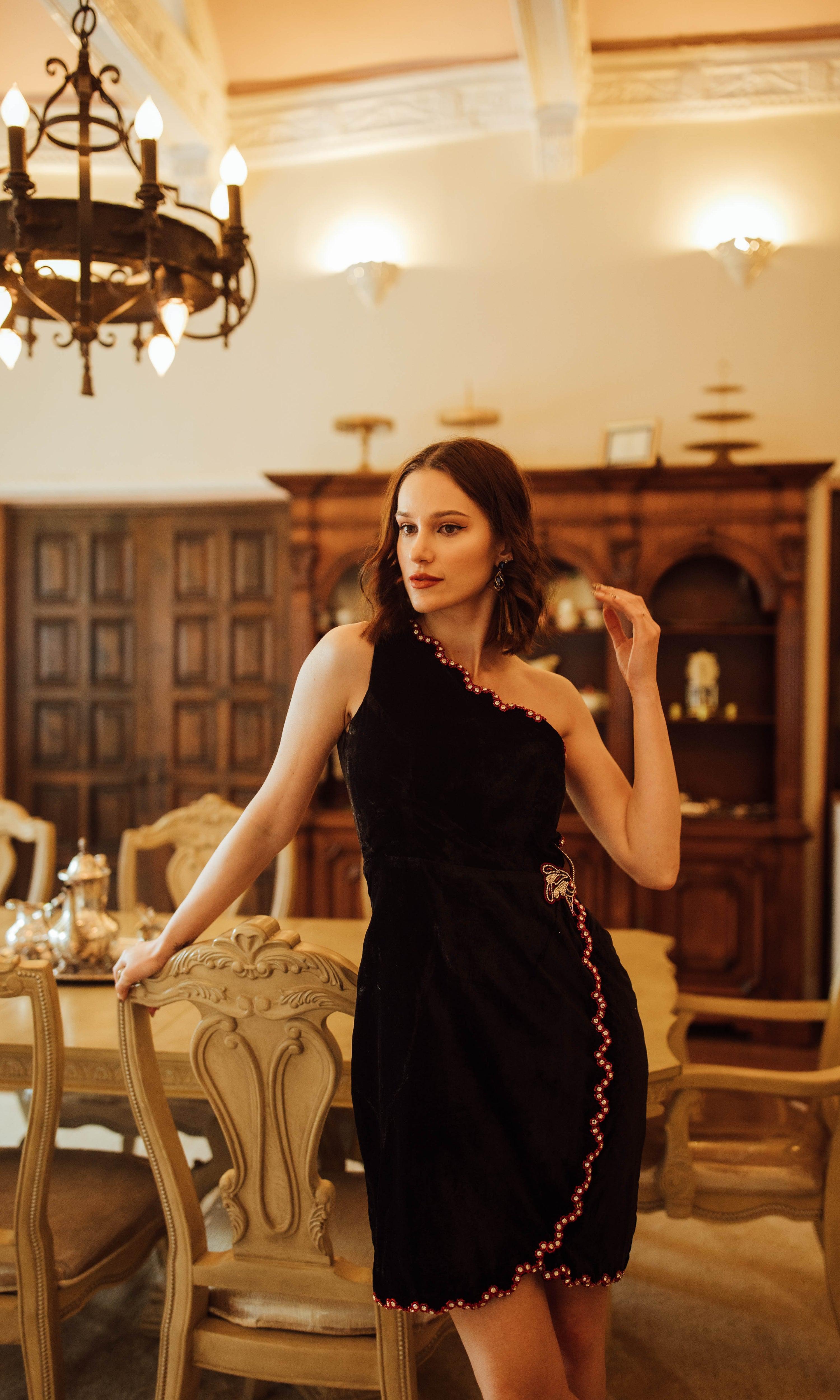 Regina Black Mini Dress with Hand Embroidery