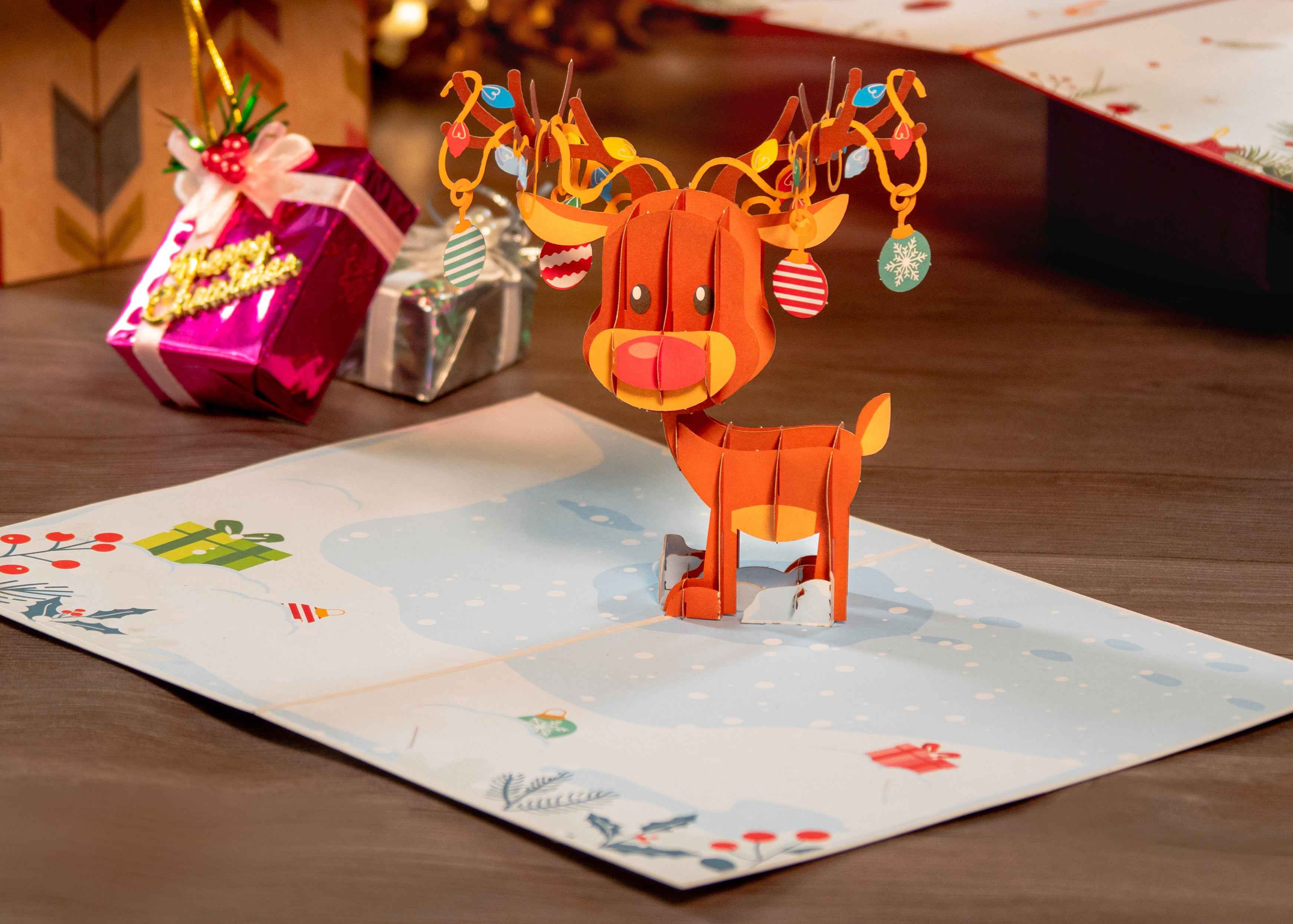 Paper Love Christmas Card - Ornament Reindeer Pop Up Card