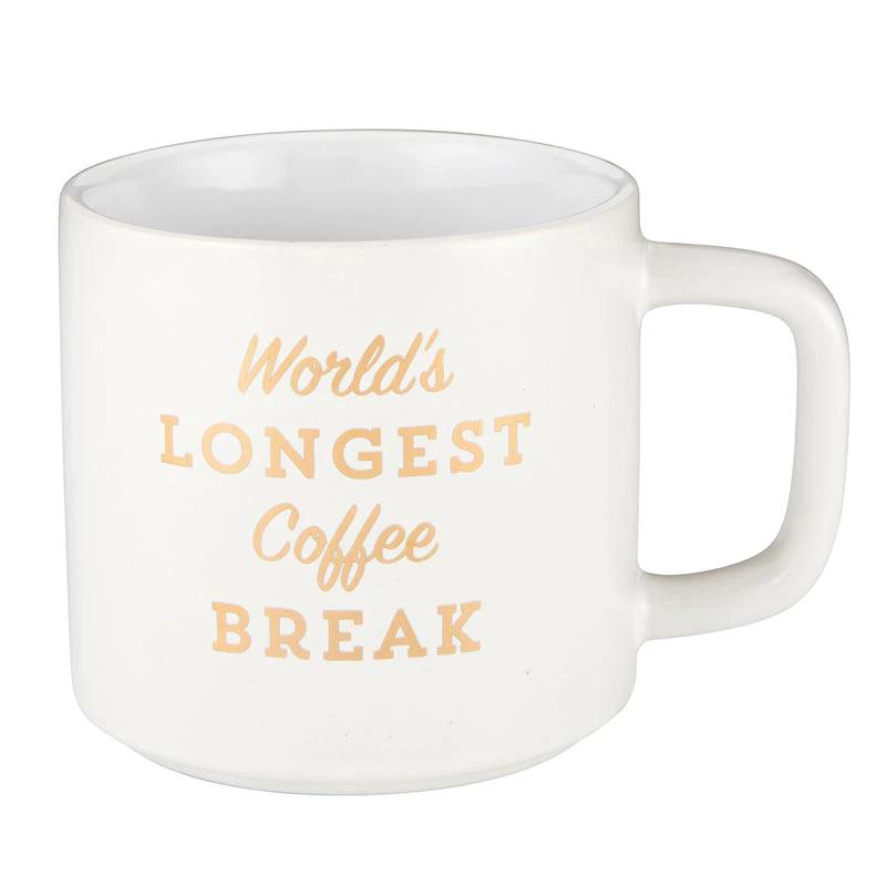 Retirement Gift "World's Longest Coffee Break" Stackable White Mug | Stoneware Tea Coffee| Retired | 14oz. by The Bullish Store